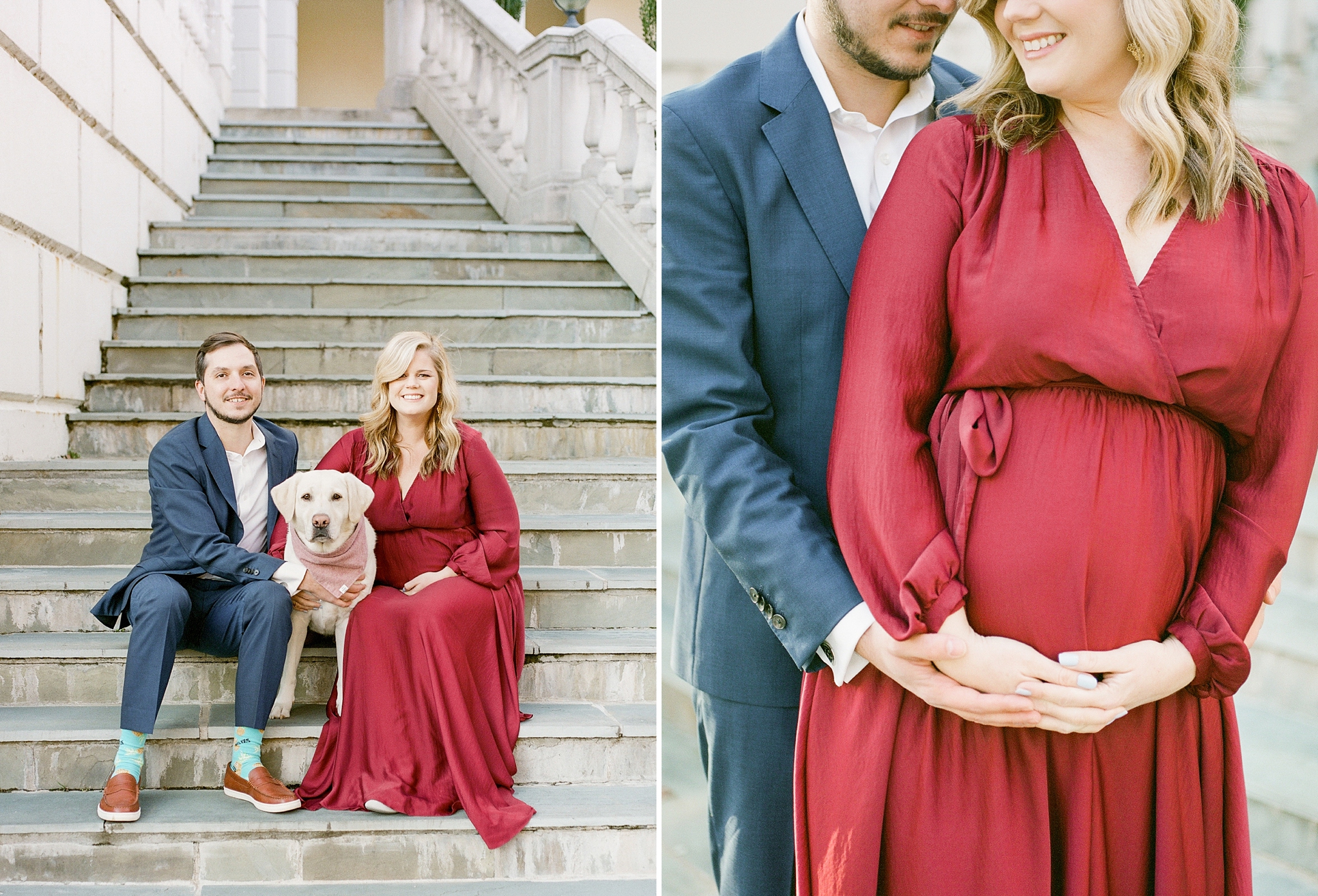A fine art maternity session in Northern, VA at Airlie Center featuring a stylish couple and their adorable yellow lab.