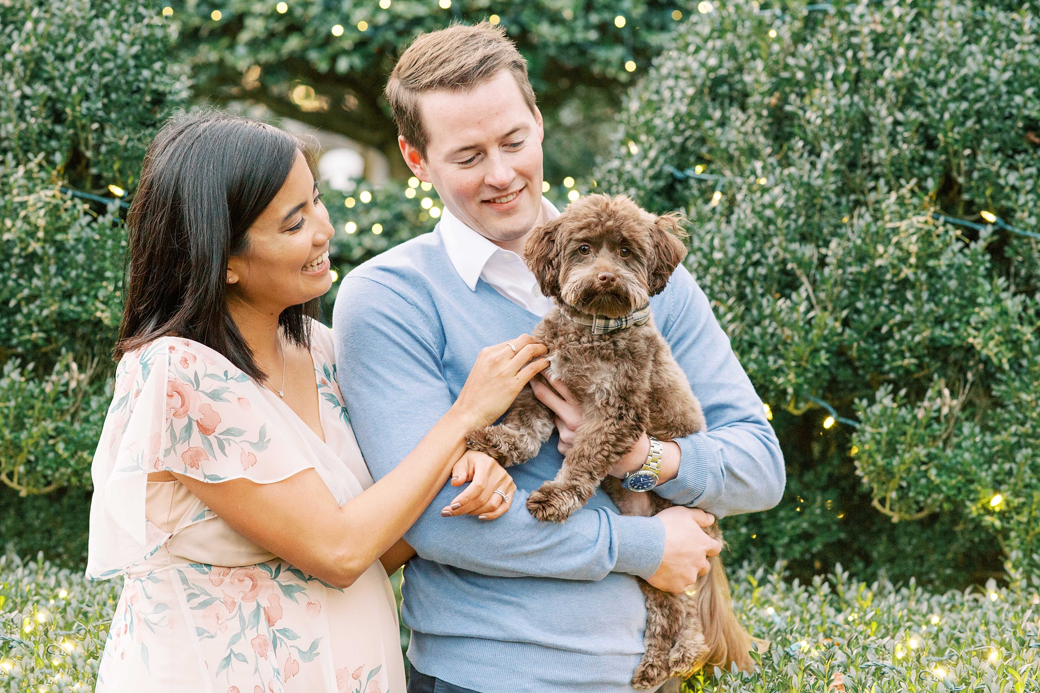A fine art maternity session in the gardens of Airlie Center in Northern, VA featuring a stylish couple and their adorable dog.