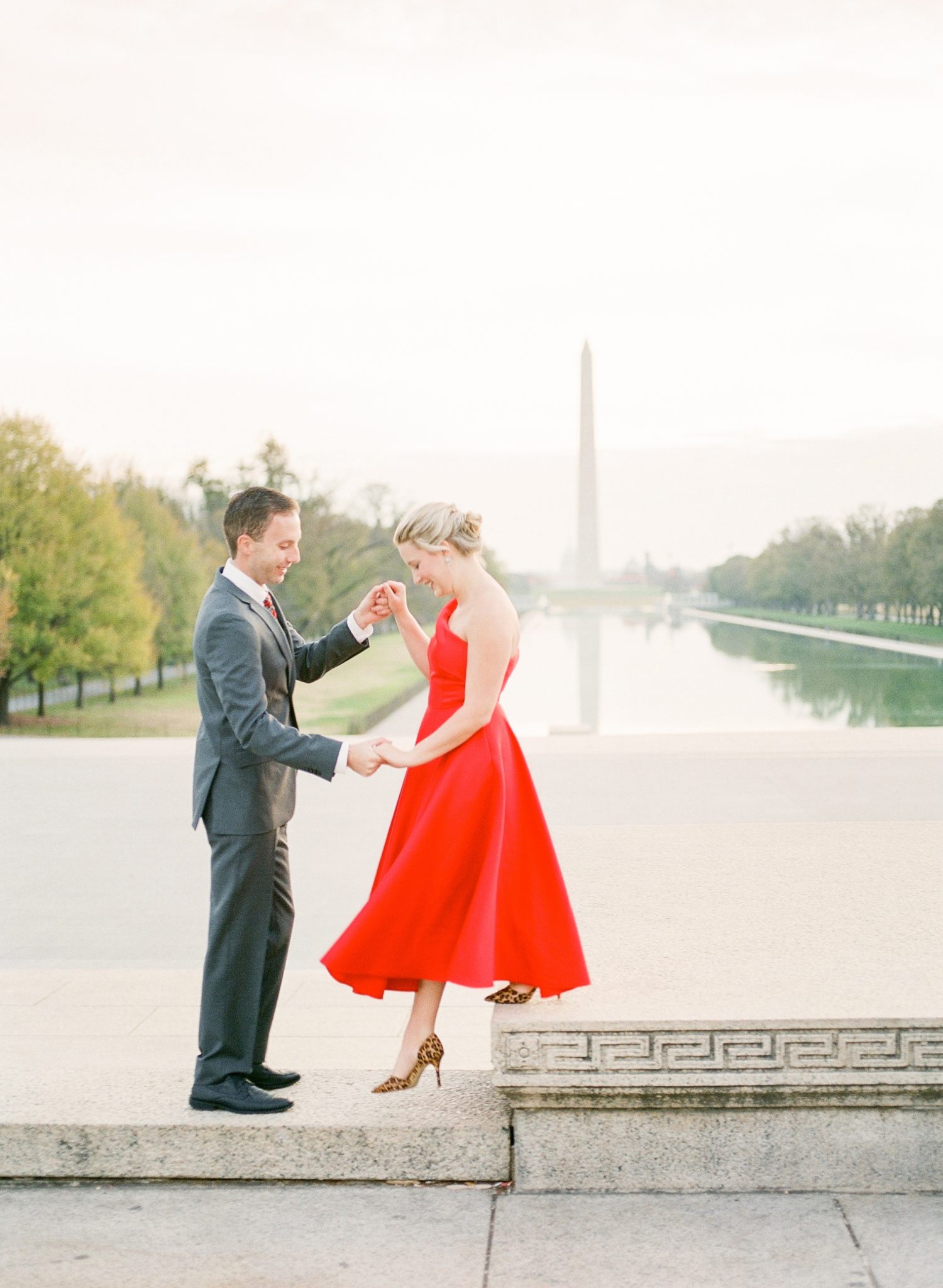 A holiday inspired engagement session at the iconic monuments of Washington, DC