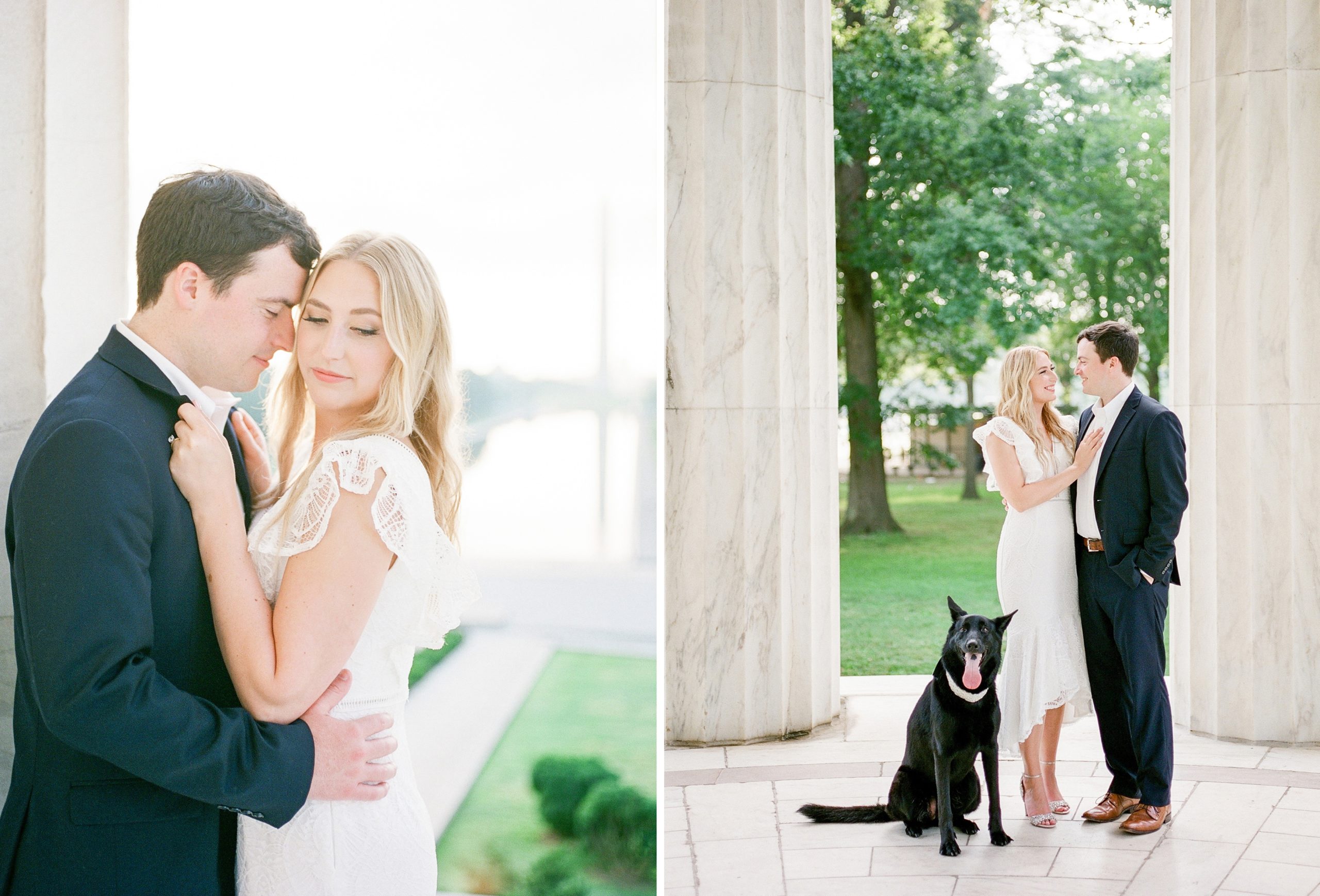 A stunning sunrise engagement session at the iconic monuments in Washington, DC featuring a stylish couple alongside their adorable dog!
