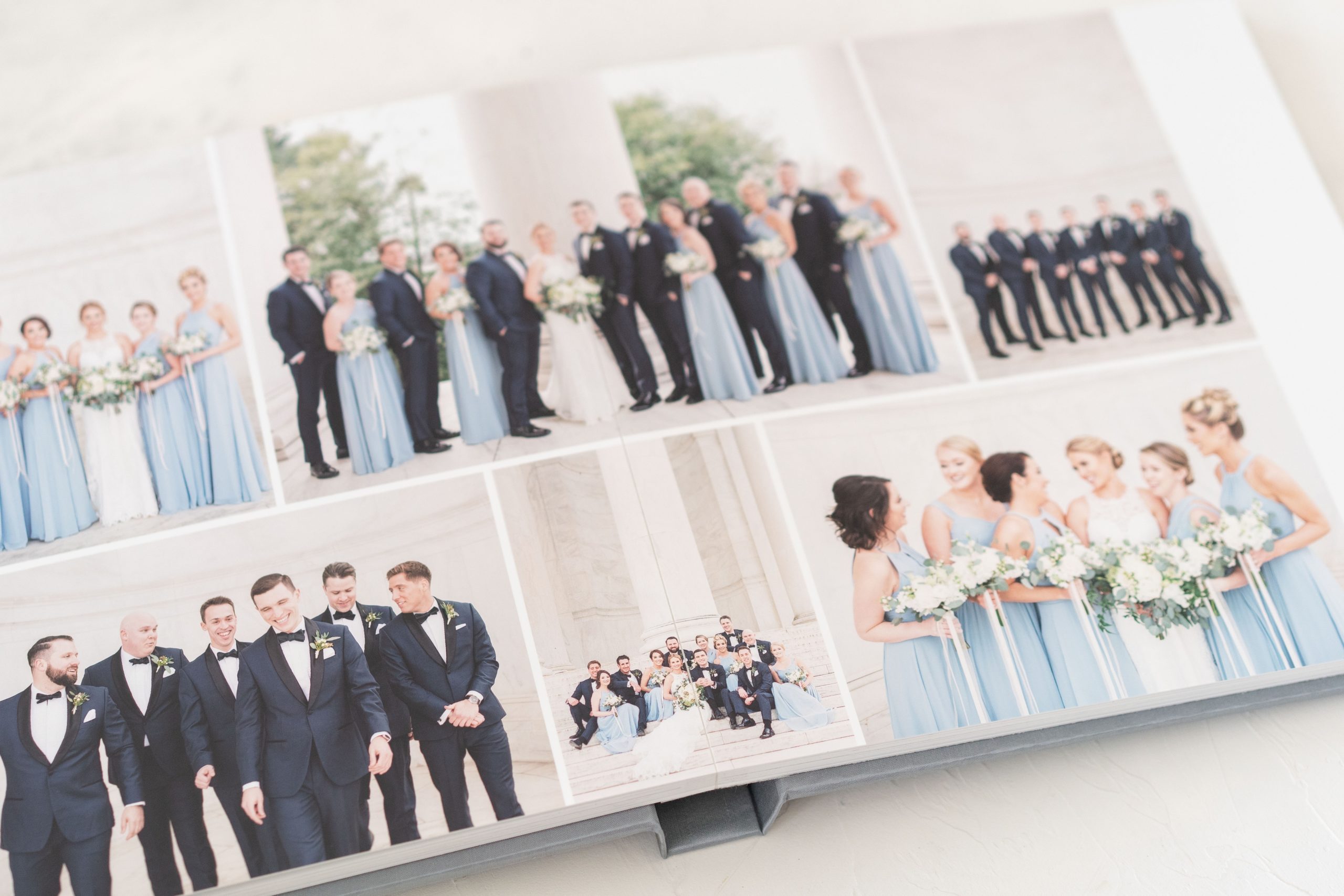 A silk heirloom wedding album with images from Washington DC's Mayflower Hotel and iconic Jefferson Memorial.