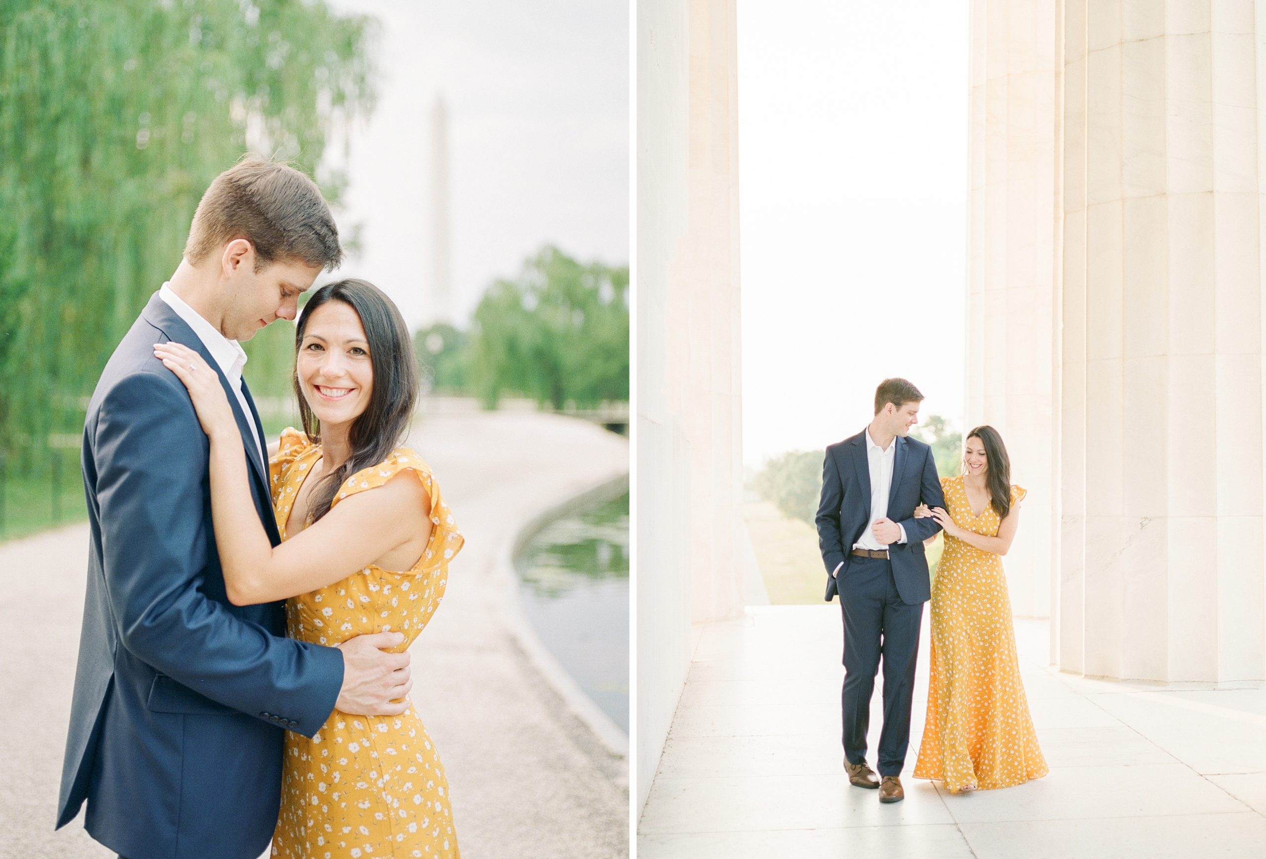 A beautiful sunrise engagement session in Washington, DC at the monuments captured by fine art film photographer, Alicia Lacey.