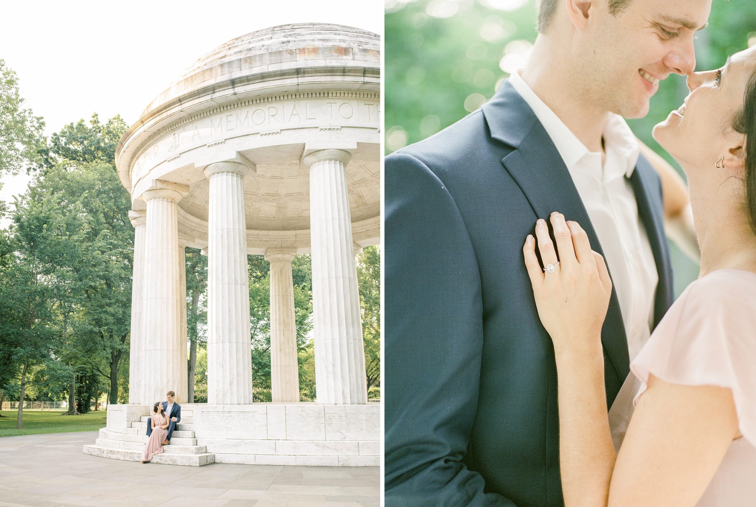 A beautiful sunrise engagement session in Washington, DC at the monuments captured by fine art film photographer, Alicia Lacey.