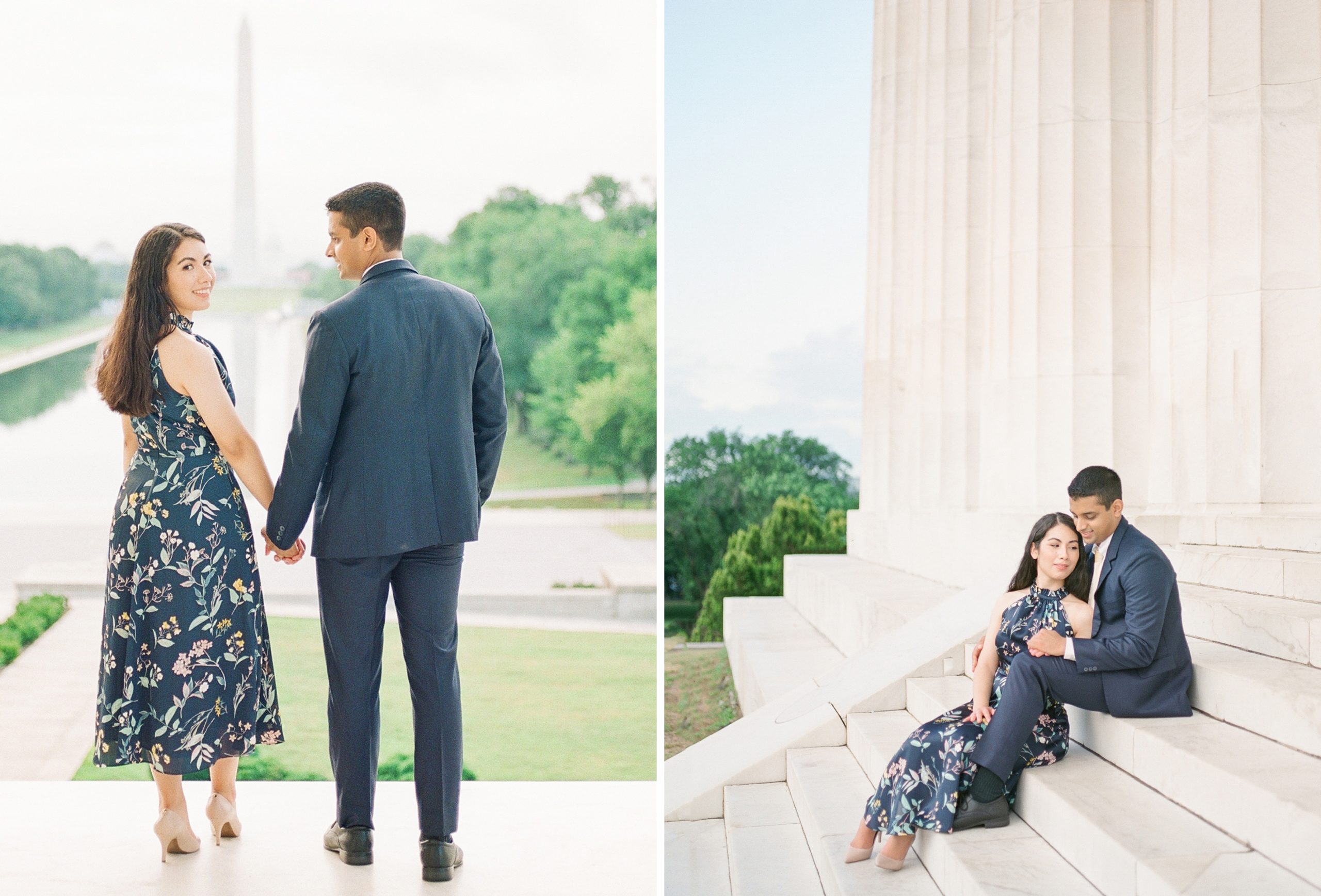A sunrise engagement session in Washington, DC at the Lincoln Memorial, Reflecting Pool, and DC War Memorial. Captured by film photographer, Alicia Lacey.