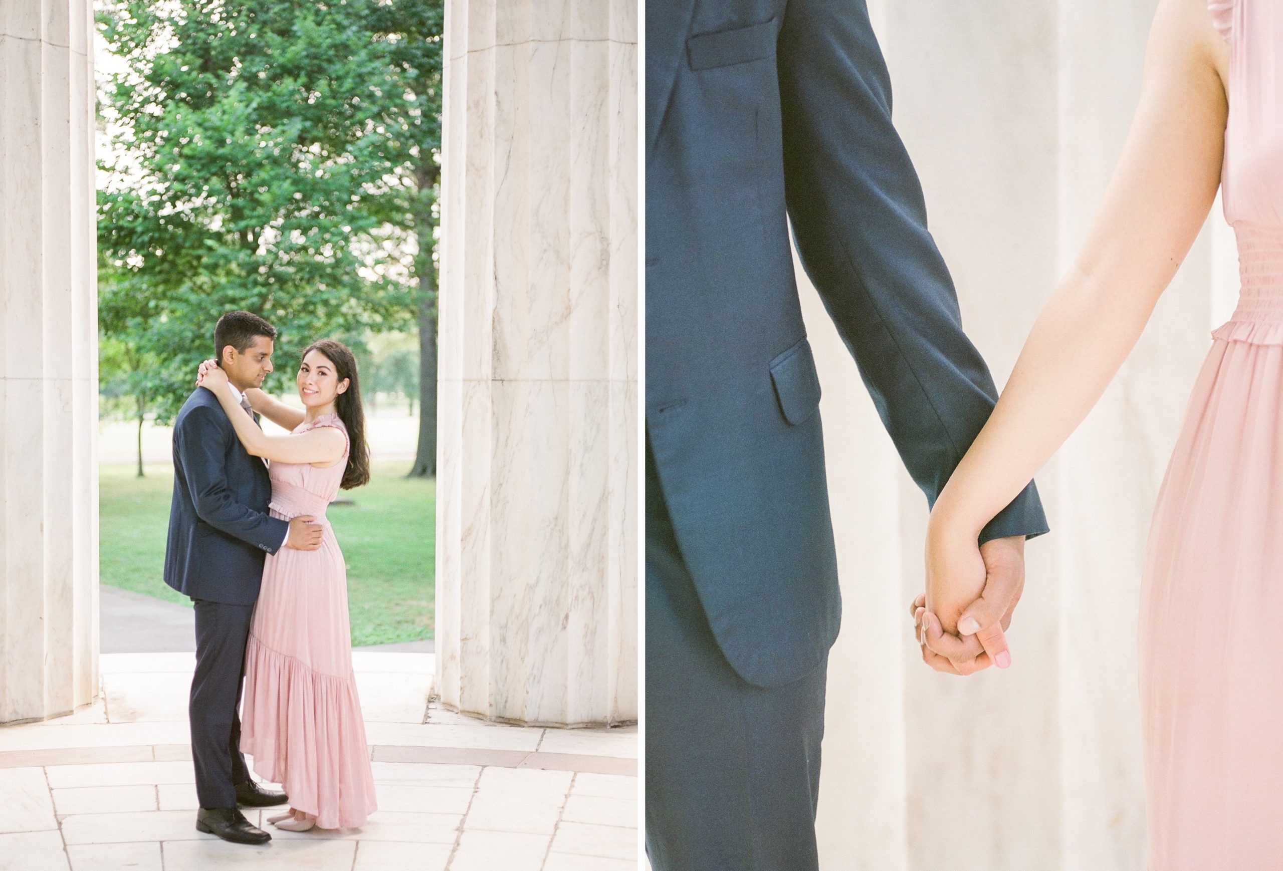 A sunrise engagement session in Washington, DC at the Lincoln Memorial, Reflecting Pool, and DC War Memorial. Captured by film photographer, Alicia Lacey.