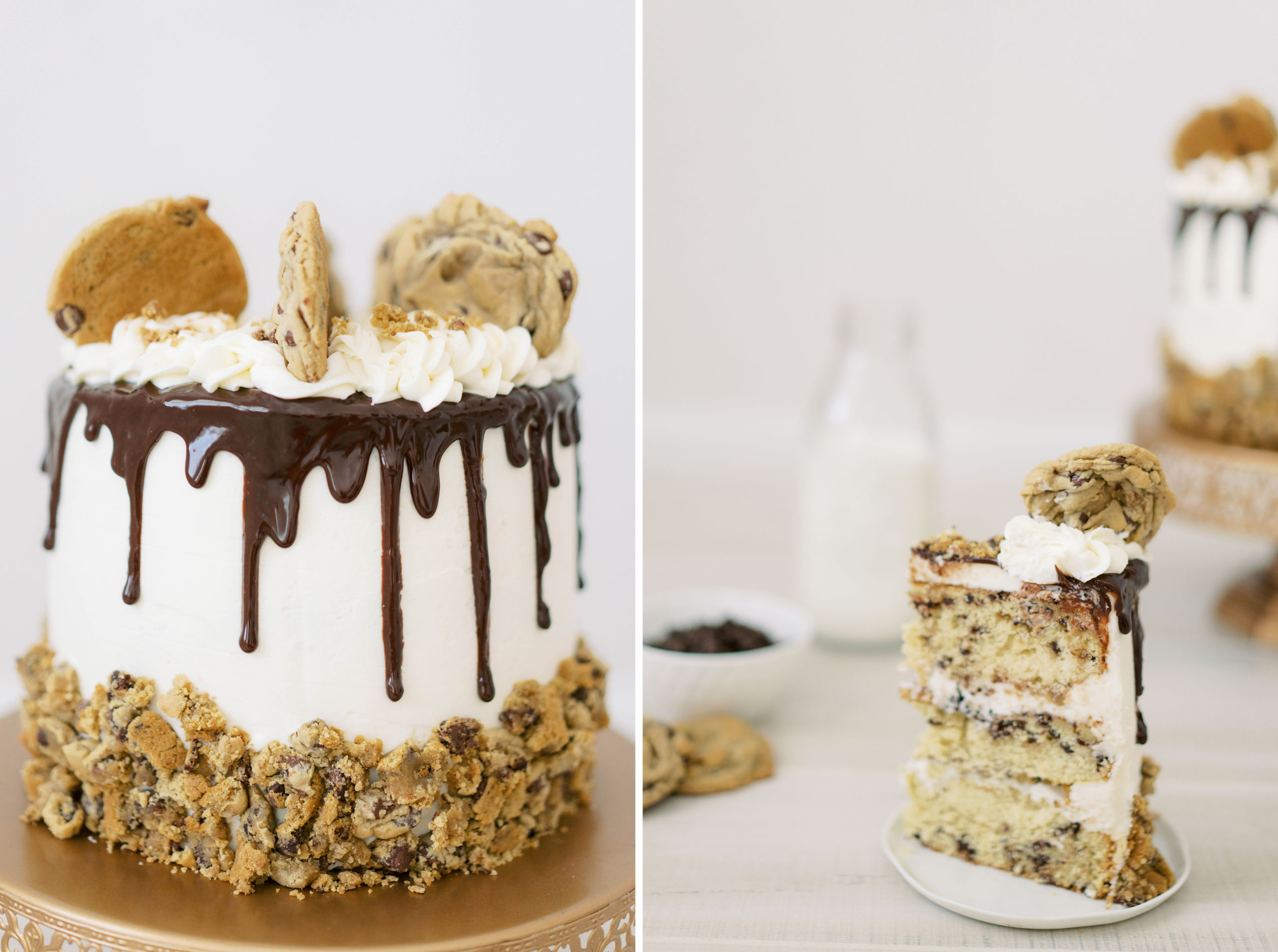 An incredible 3-layer Chocolate Chip Cookie Cake, featuring homemade cookies, a delicious vanilla buttercream, and chocolate chip cake!