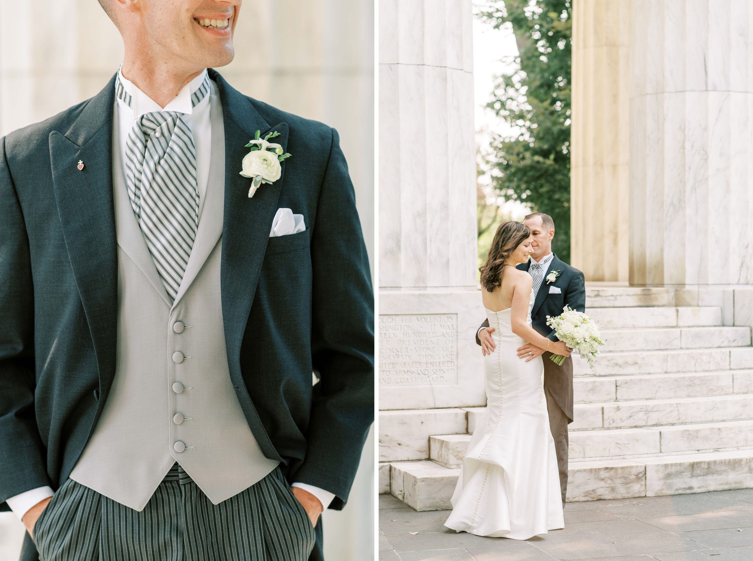 A romantic elopement wedding at St. Matthews Cathedral in Washington, DC with portraits at the DC War Memorial and Lincoln Memorial.