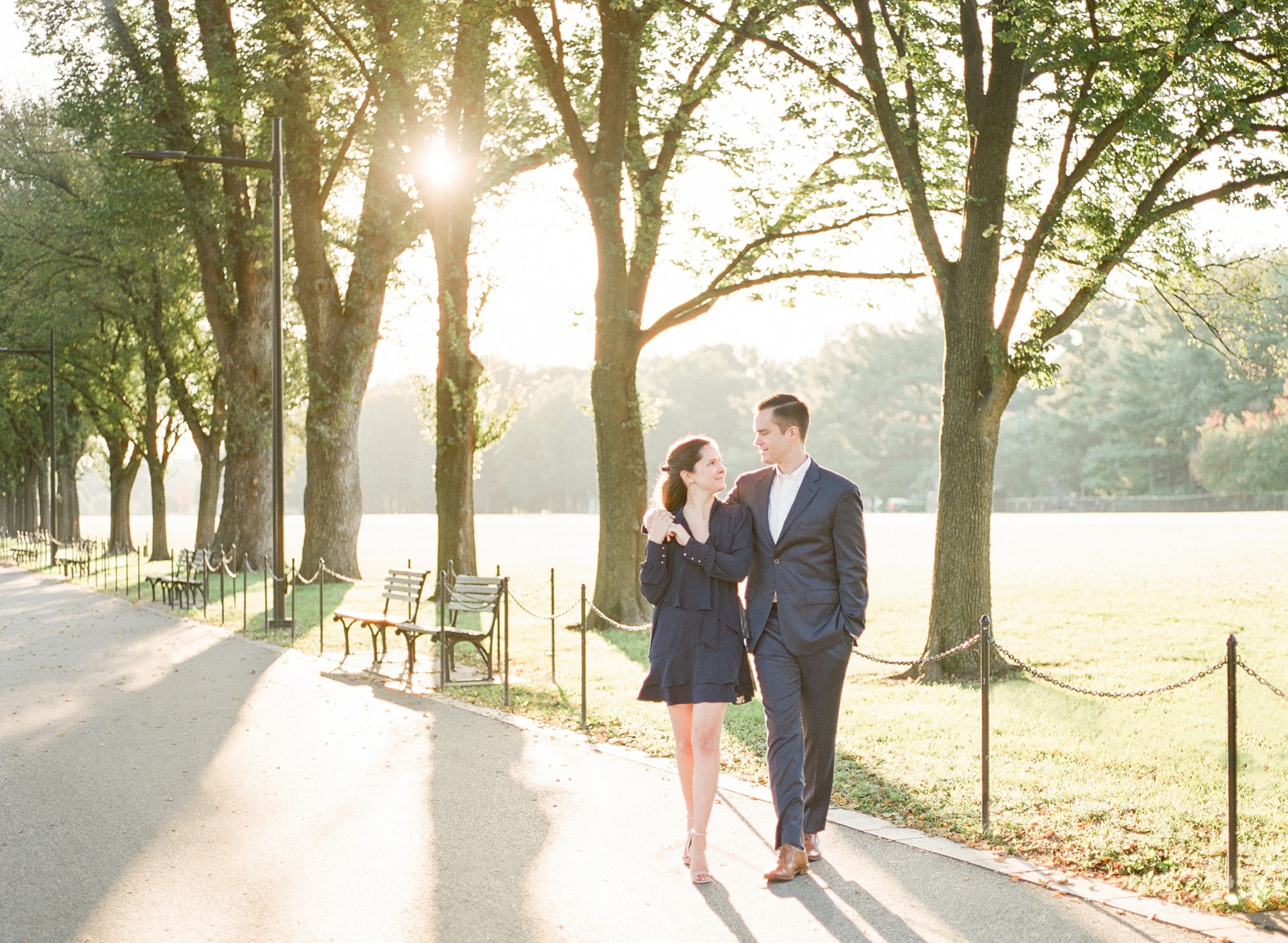 An elegant fall engagement session captured at sunrise on film at the Lincoln Memorial in downtown Washington, DC.