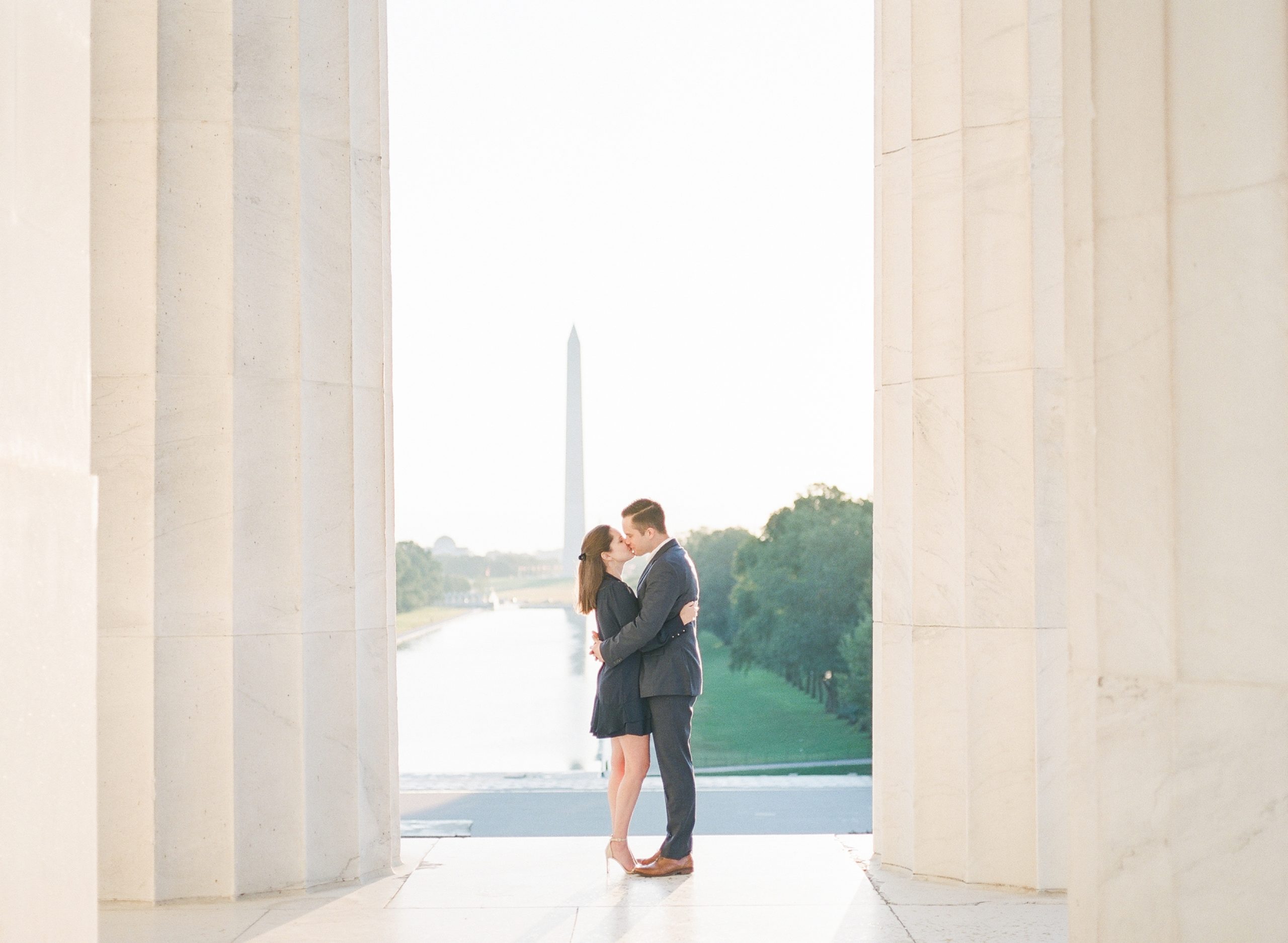 An elegant fall engagement session captured at sunrise on film at the Lincoln Memorial in downtown Washington, DC.