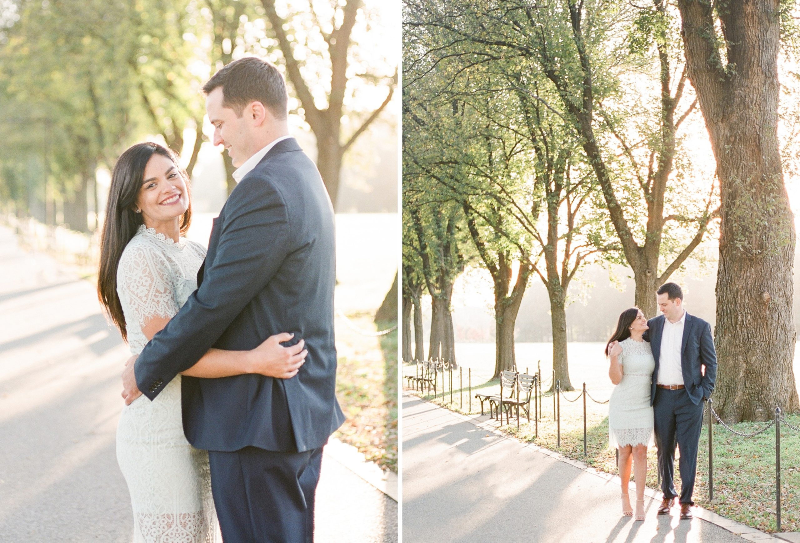 A sunrise engagement session captured on film at the Lincoln Memorial and DC War Memorial in downtown Washington, DC.