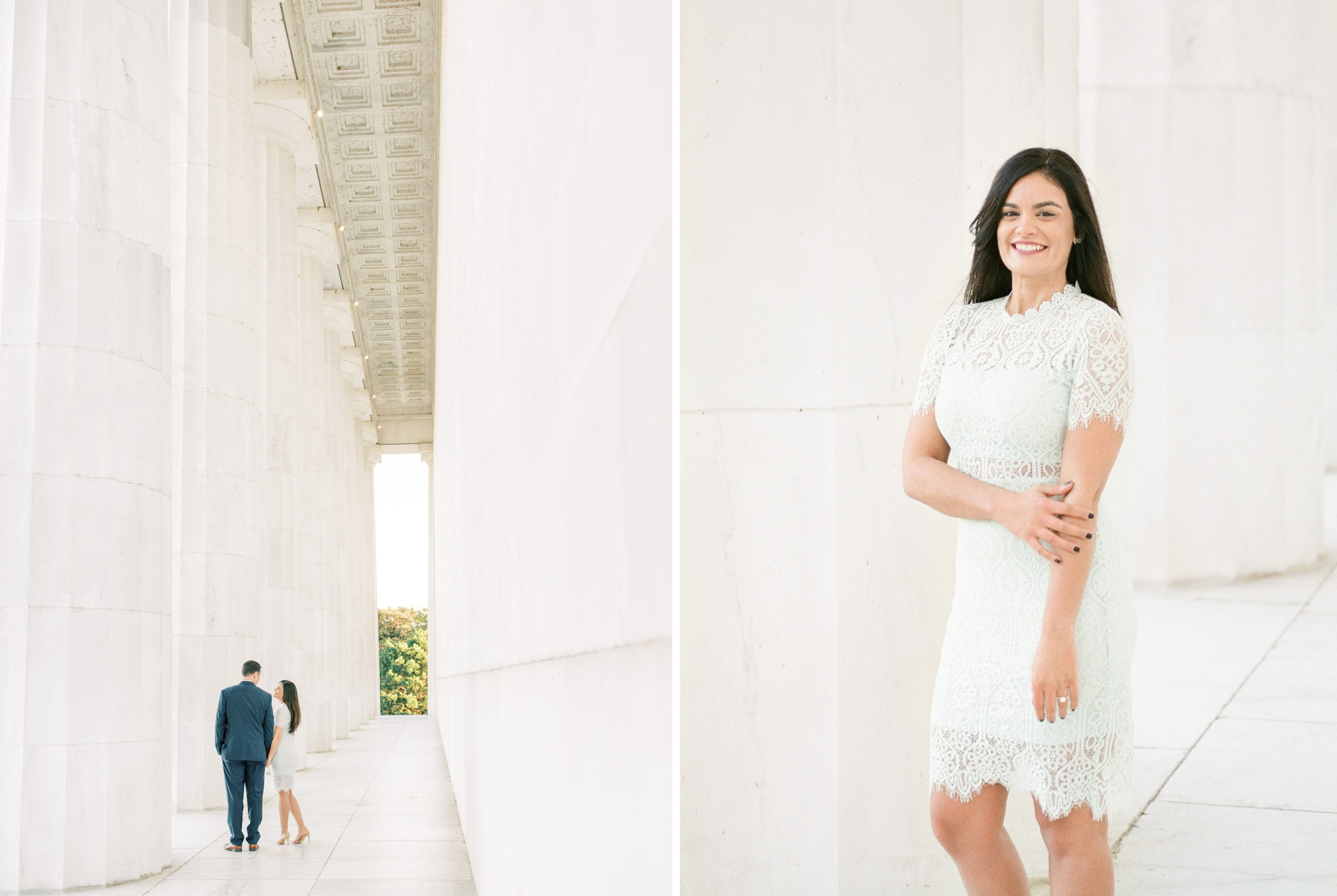 A sunrise engagement session captured on film at the Lincoln Memorial and DC War Memorial in downtown Washington, DC.