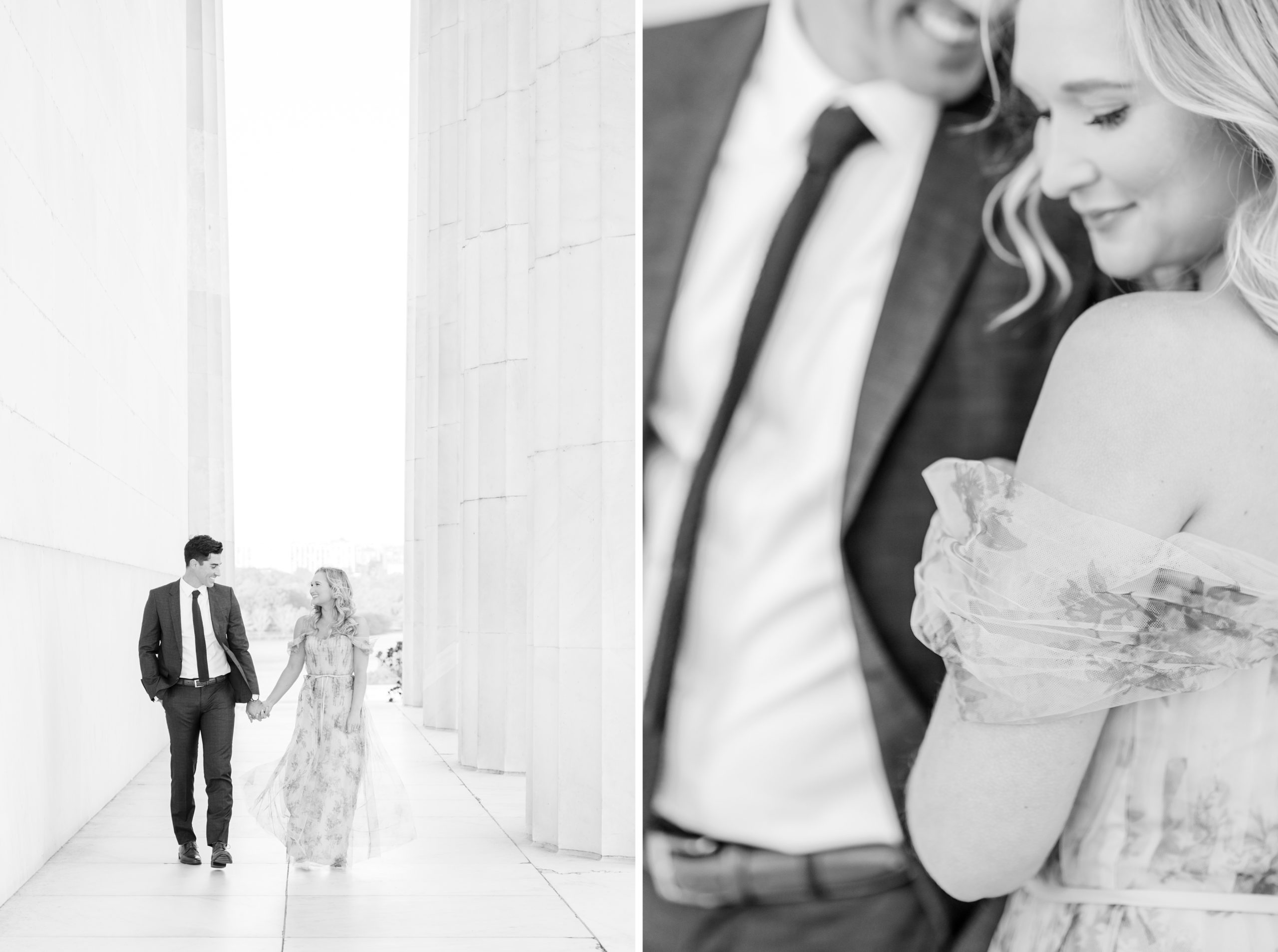 A romantic engagement session with a stylish couple at the Lincoln Memorial and DC War Memorial in Washington, DC.