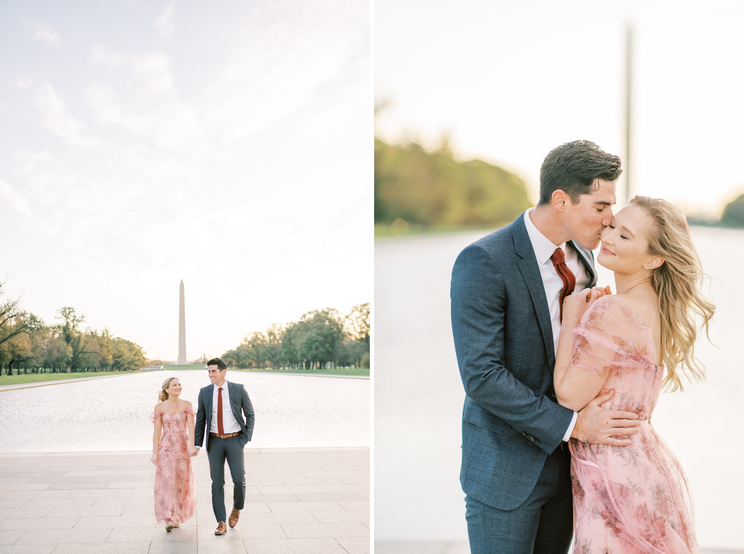 A romantic engagement session with a stylish couple at the Lincoln Memorial and DC War Memorial in Washington, DC.