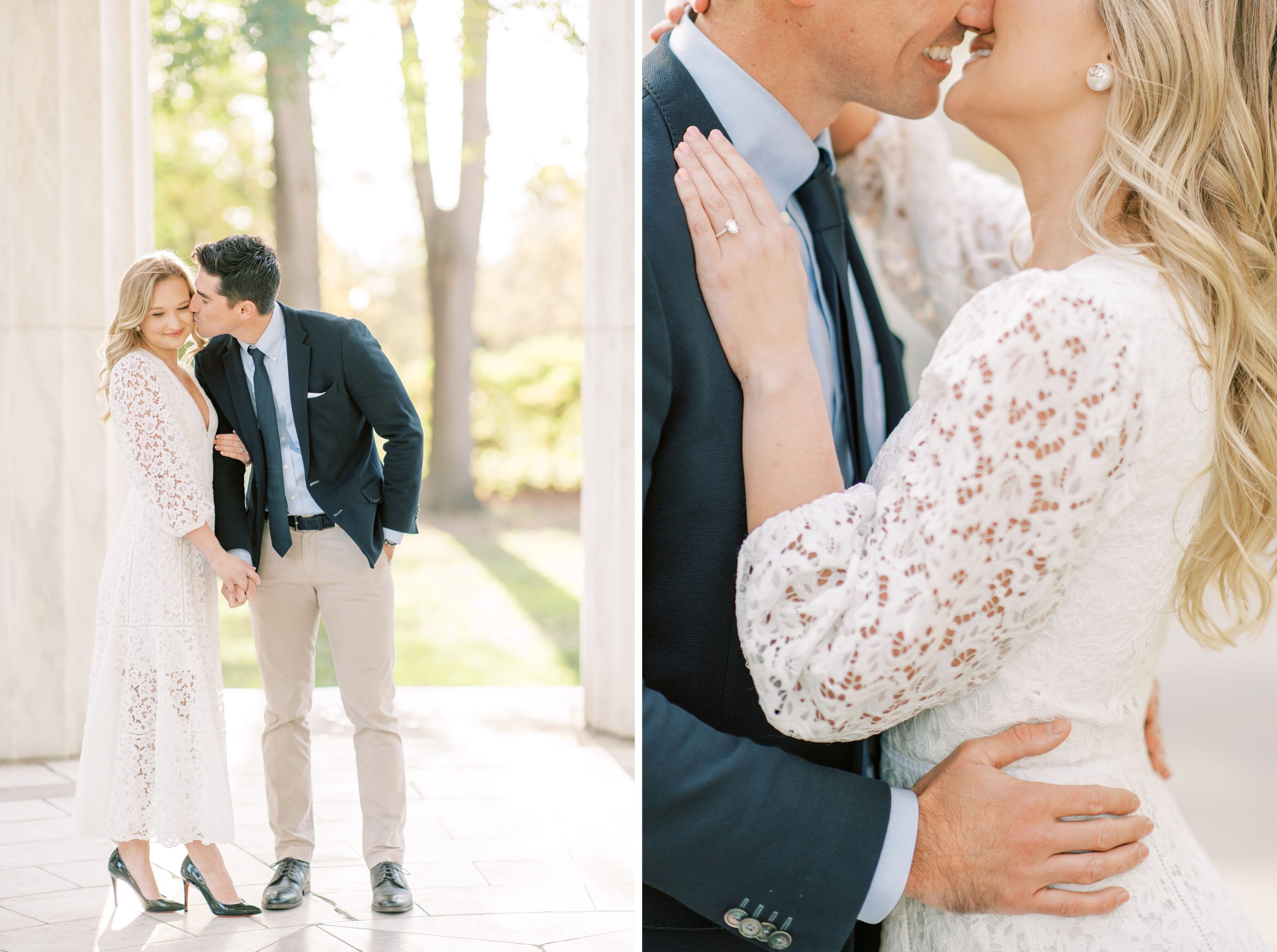 A romantic engagement session with a stylish couple at the Lincoln Memorial and DC War Memorial in Washington, DC.