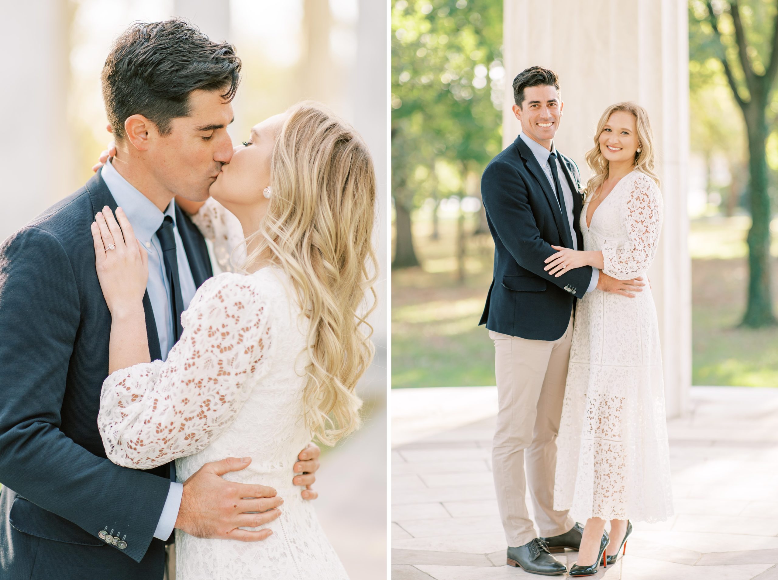 A romantic engagement session with a stylish couple at the Lincoln Memorial and DC War Memorial in Washington, DC.