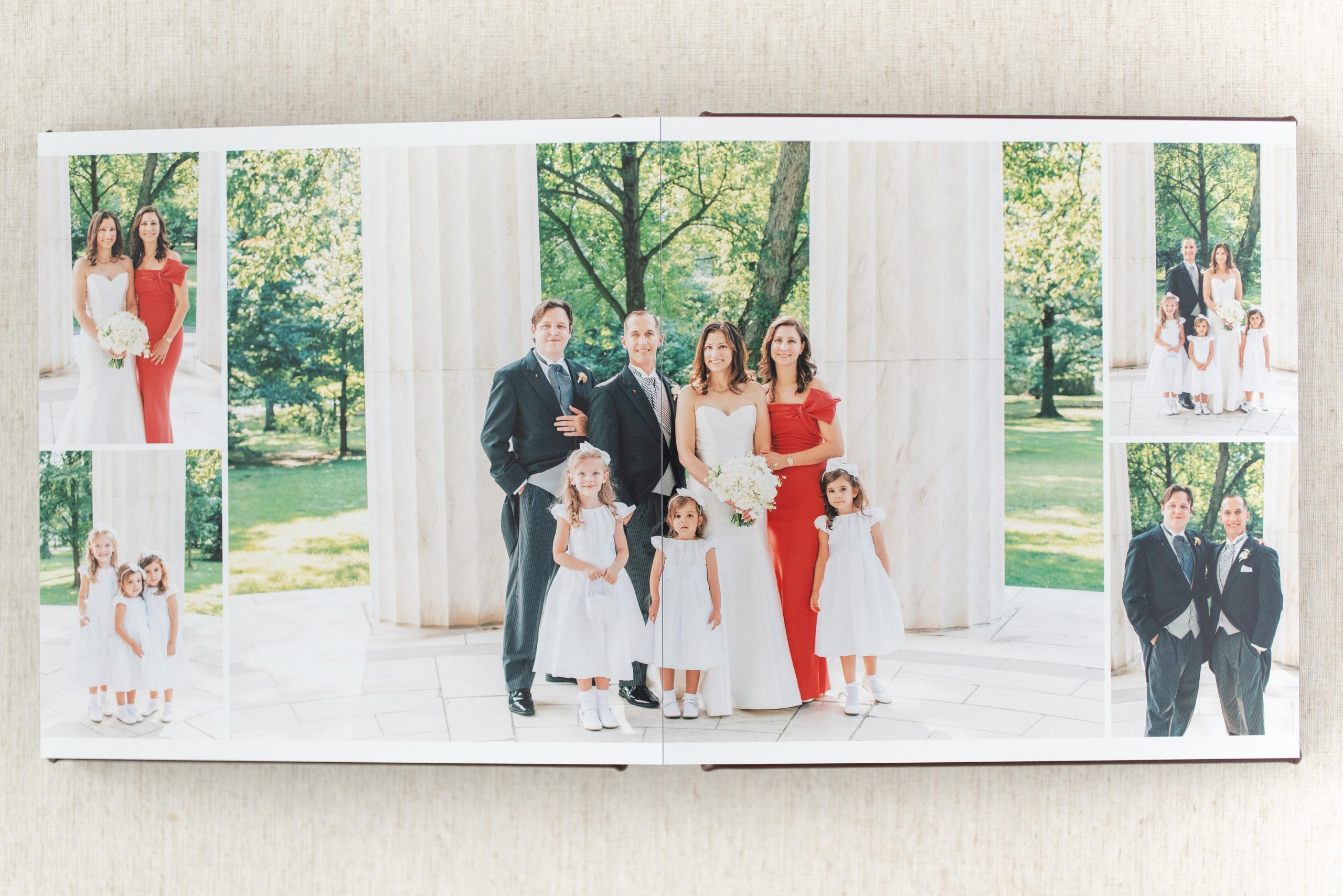 A beautiful, handmade Washington, DC War Memorial elopement heirloom wedding album in a rich leather oxblood hue. 