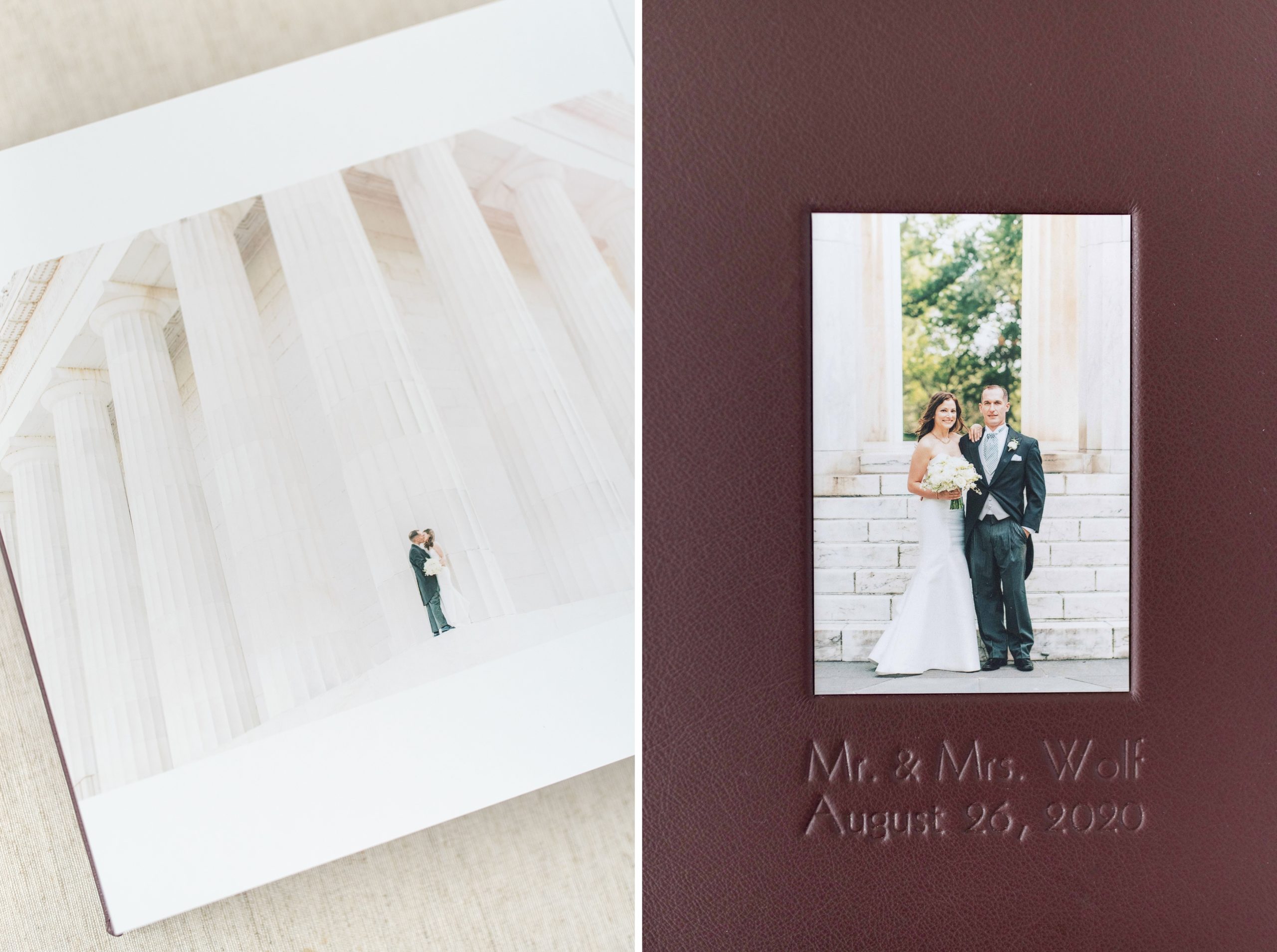 A beautiful, handmade Washington, DC War Memorial elopement heirloom wedding album in a rich leather oxblood hue. 