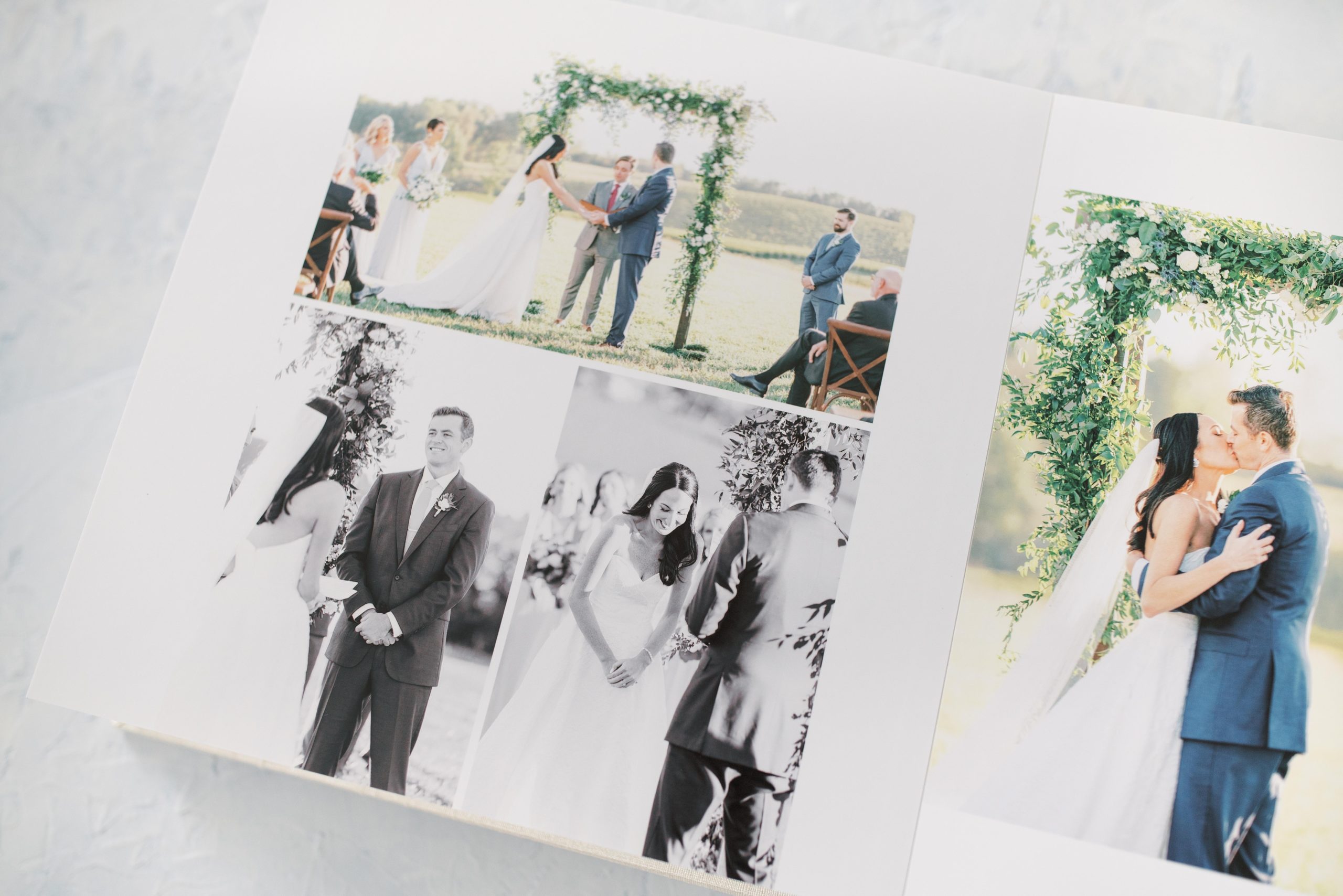 A stunning cream silk heirloom album from a beautiful outdoor wedding captured at Stone Tower Winery in Leesburg, VA.