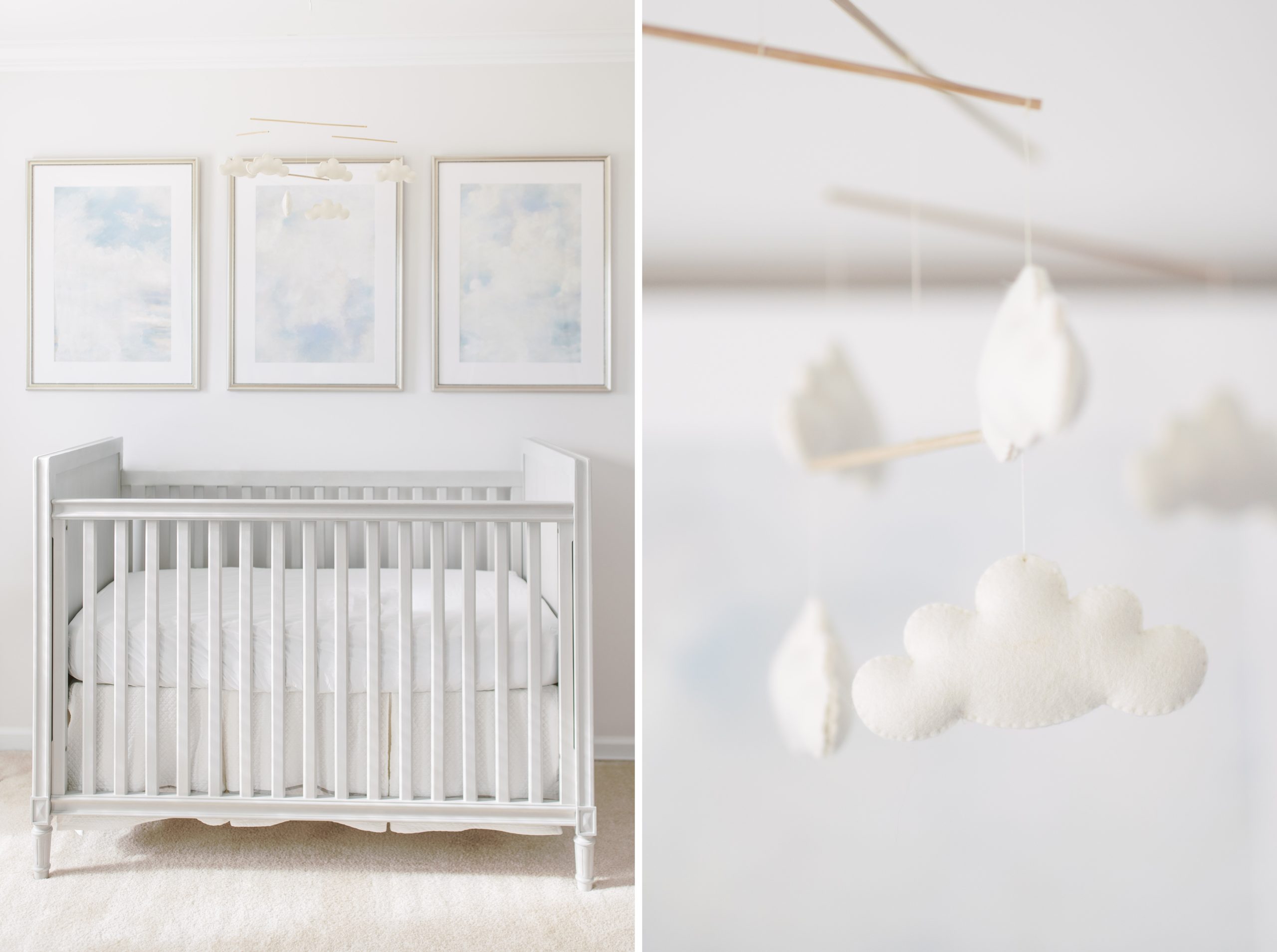 A subtle and elegant travel themed nursery with furniture from the Marcelle collection at Restoration Hardware. Shown with felt cloud mobile. 