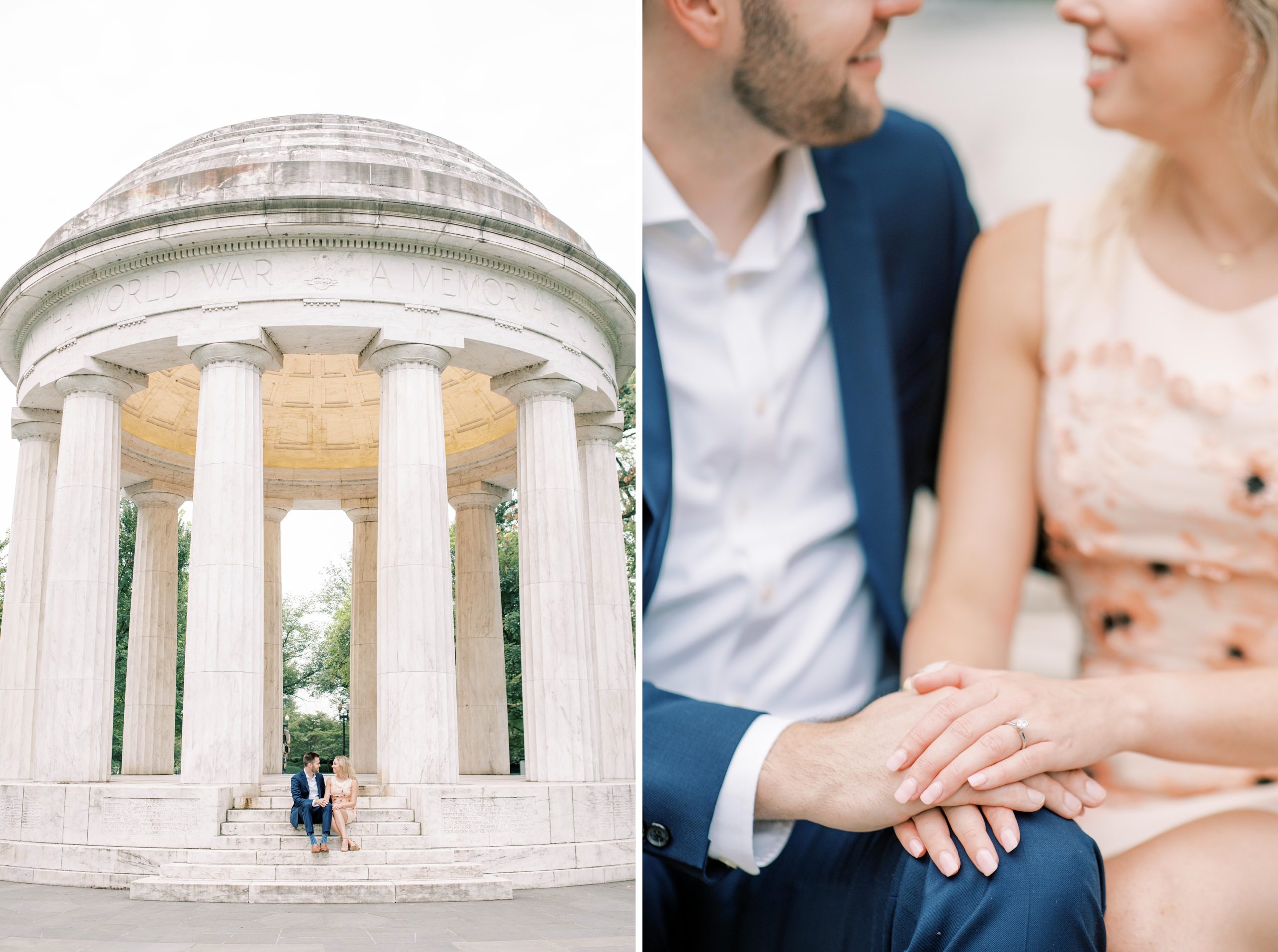 A stunning sunrise engagement session at the iconic monuments in Washington, DC including the Lincoln Memorial and DC War Memorial.