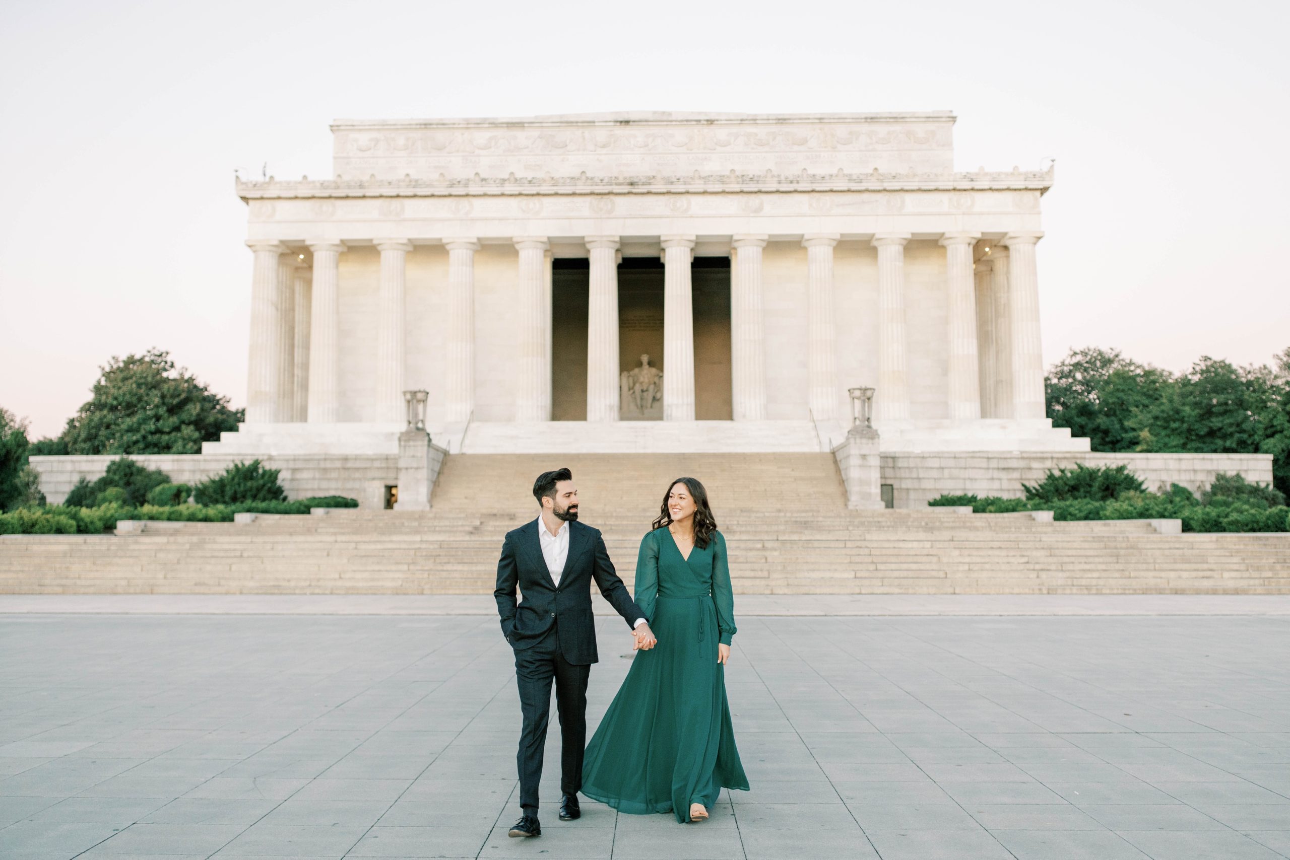 An elegant sunrise engagement session at the Reflecting Pool & Lincoln Memorial by Washington, DC wedding photographer, Alicia Lacey.