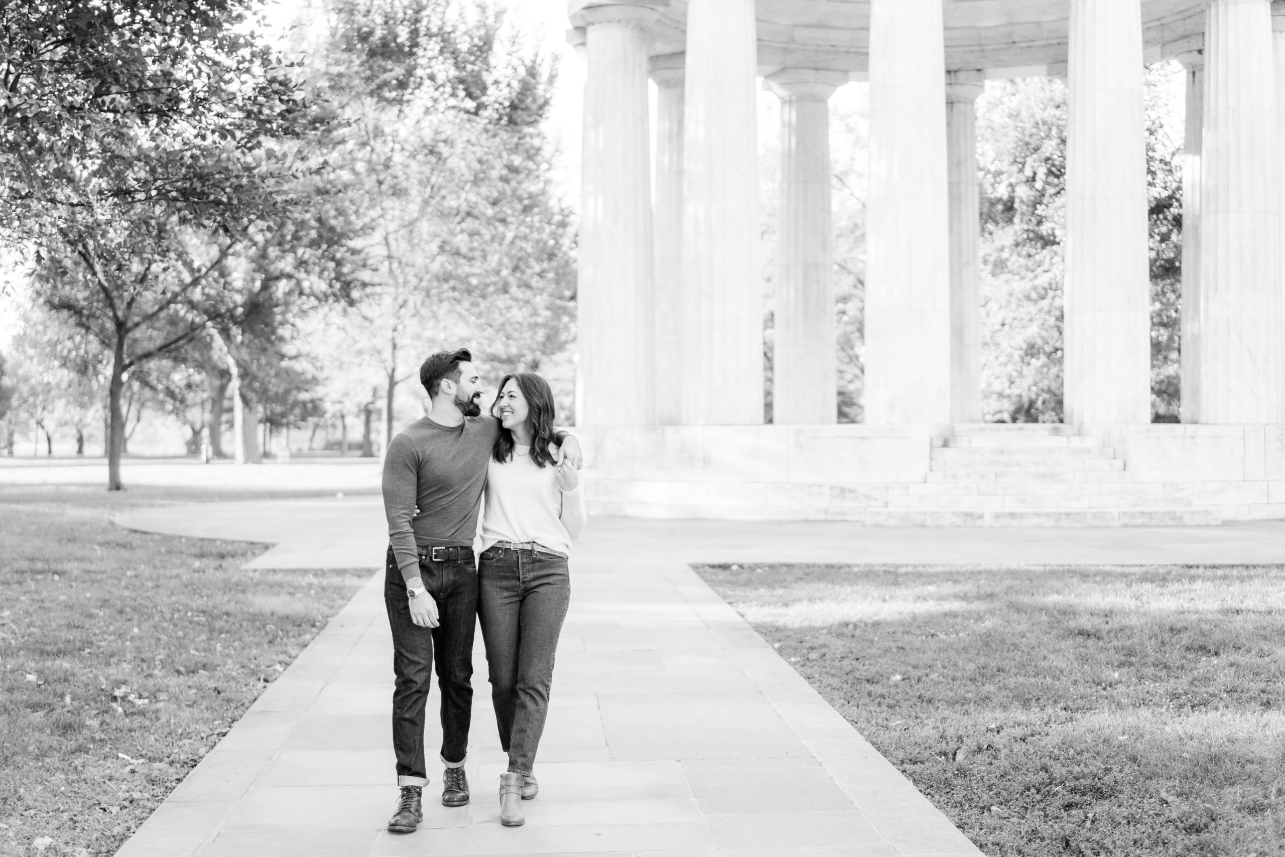 An elegant sunrise engagement session at the Reflecting Pool & Lincoln Memorial by Washington, DC wedding photographer, Alicia Lacey.