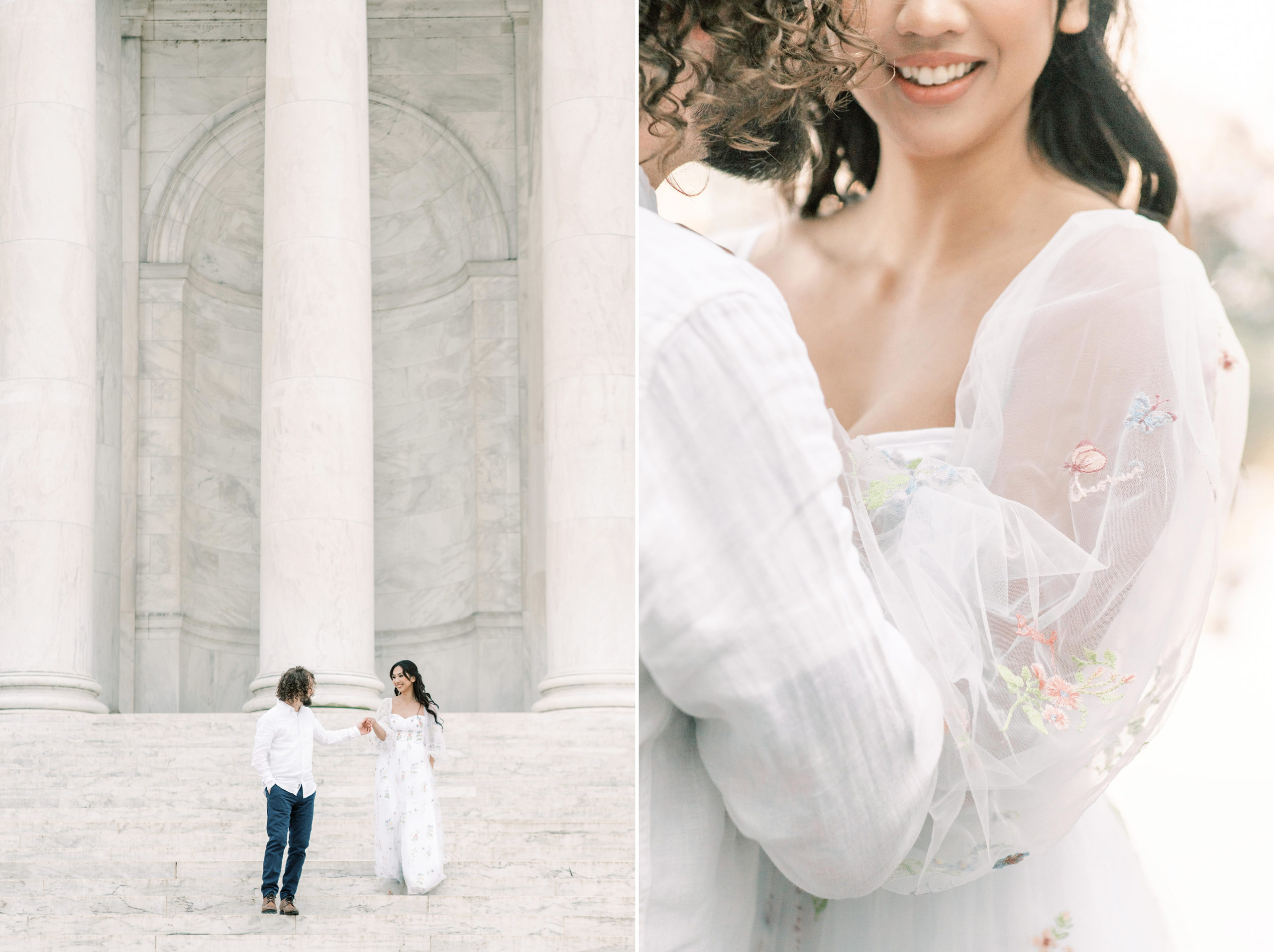 A traditional Cherry Blossom Engagement Session in Washington, DC featuring portraits at the Tidal Basin and Jefferson Memorial.