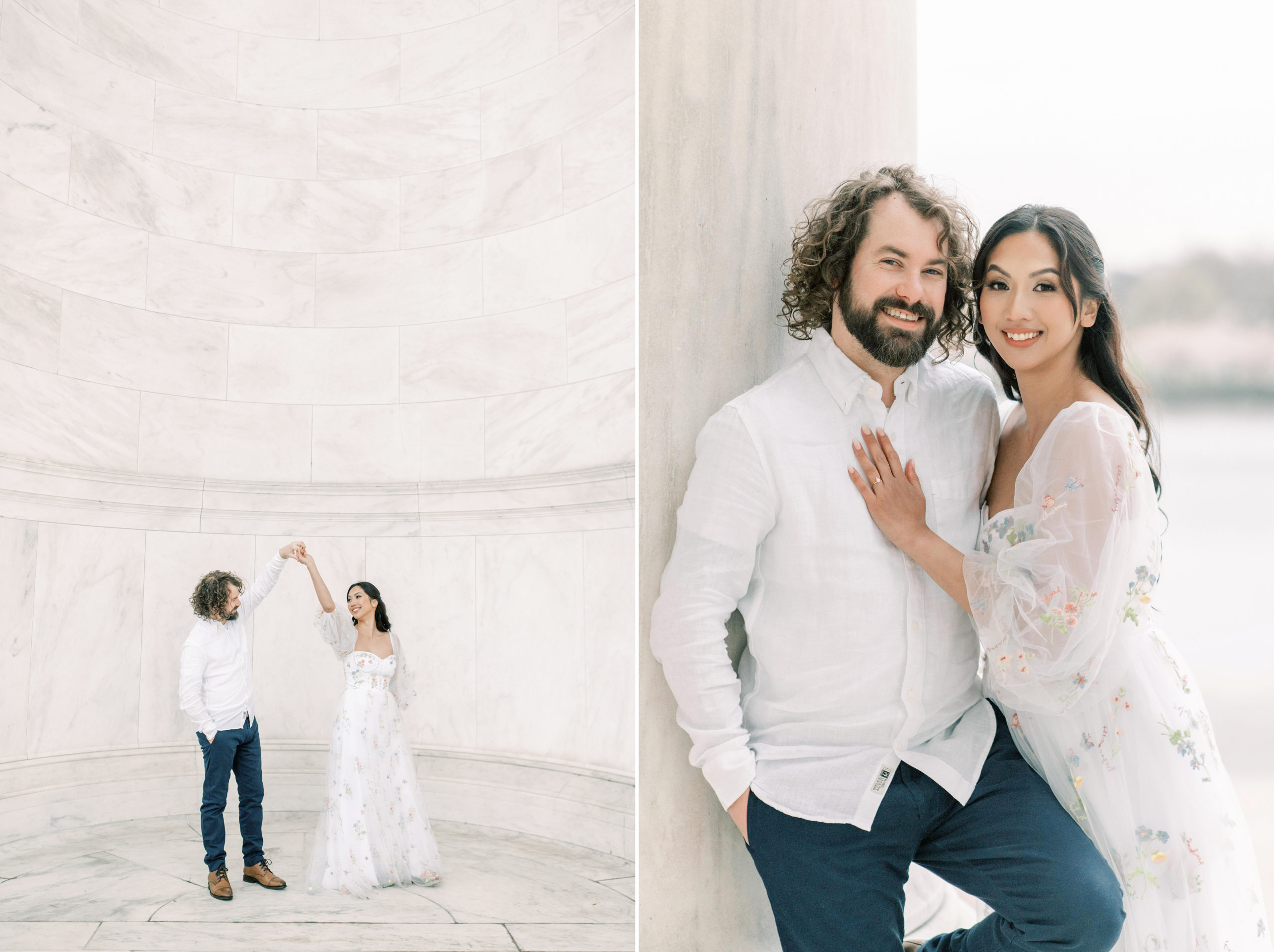 A traditional Cherry Blossom Engagement Session in Washington, DC featuring portraits at the Tidal Basin and Jefferson Memorial.