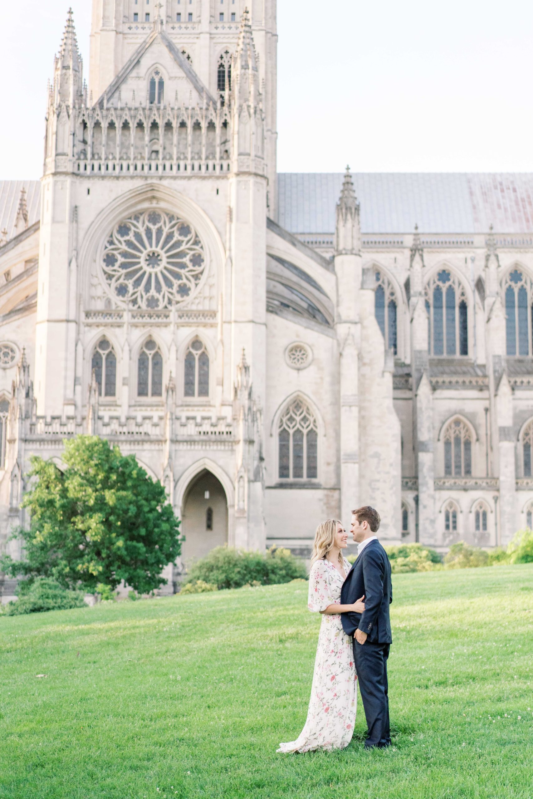 A stylish sunrise engagement session at the iconic National Cathedral in Washington, DC. 