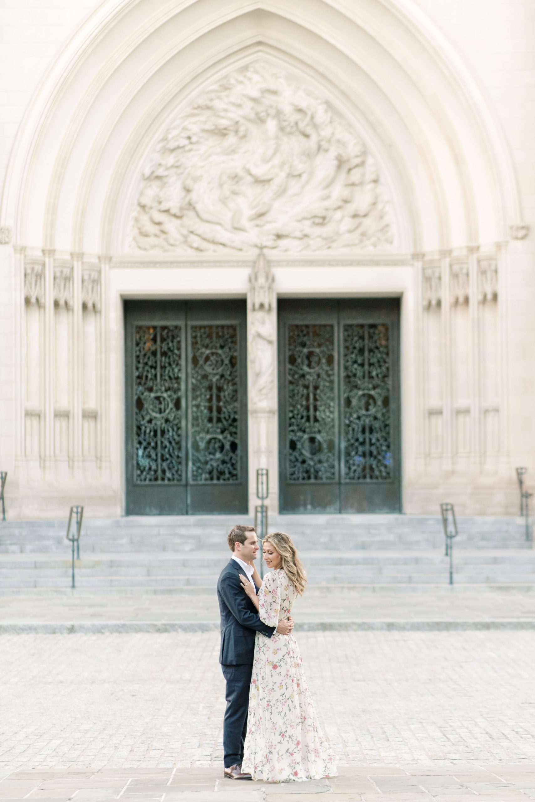 A stylish sunrise engagement session at the iconic National Cathedral in Washington, DC. 