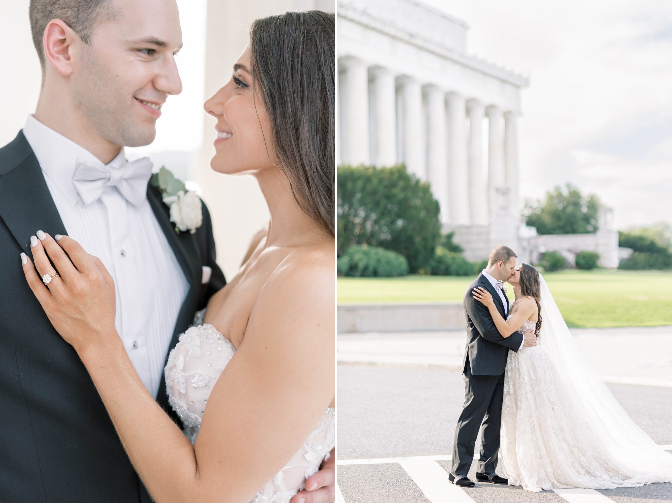 A stunning summer wedding at the Mayflower Hotel in Washington, DC with portraits at the iconic Lincoln Memorial.