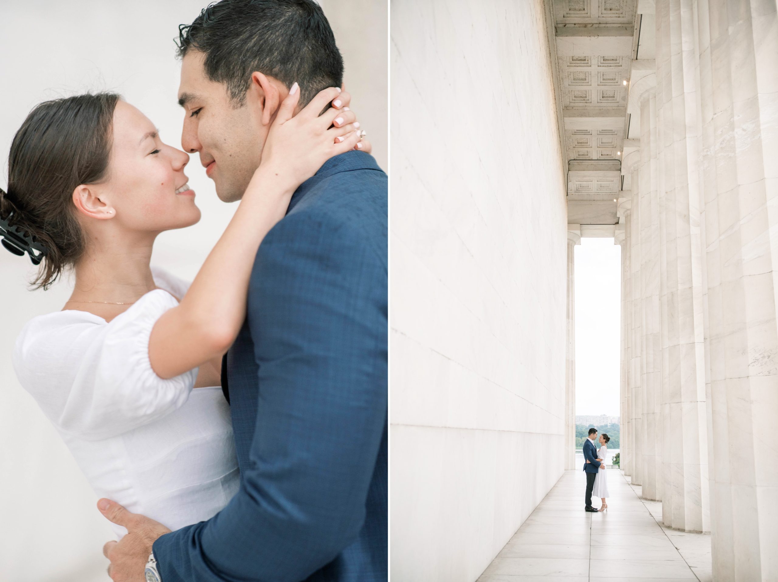 An stylish sunrise engagement session at the Lincoln Memorial on an overcast morning in Washington, DC.