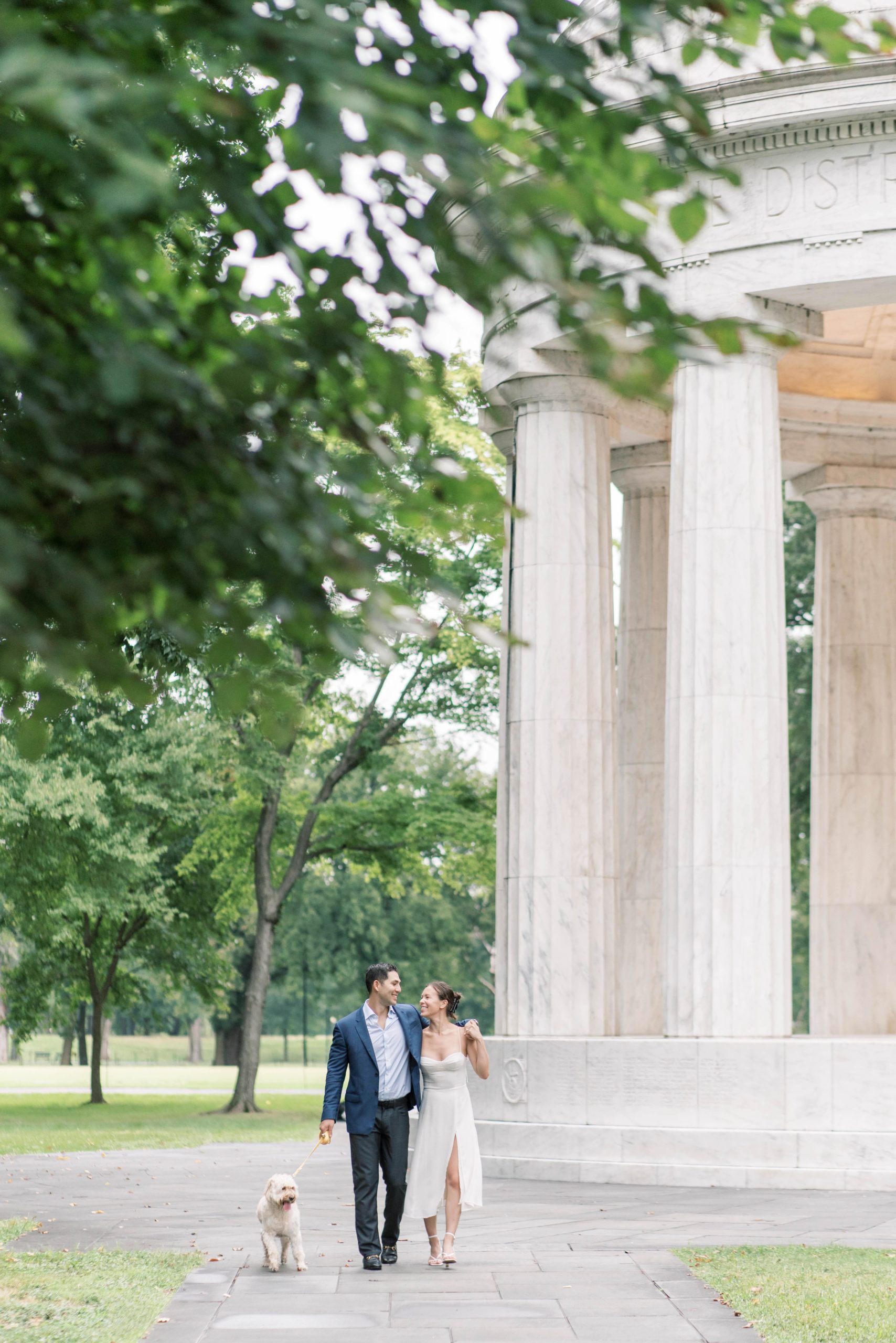 An stylish sunrise engagement session at the Lincoln Memorial on an overcast morning in Washington, DC.