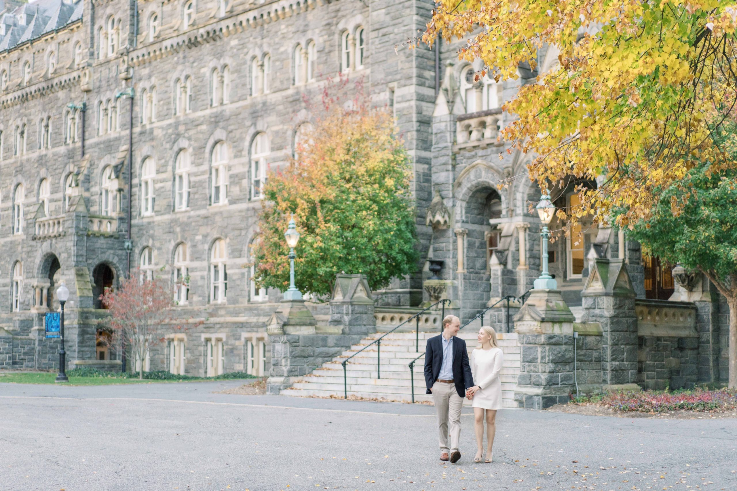 A romantic fall engagement session in Georgetown on the University campus and surrounding streets during peak fall bloom!