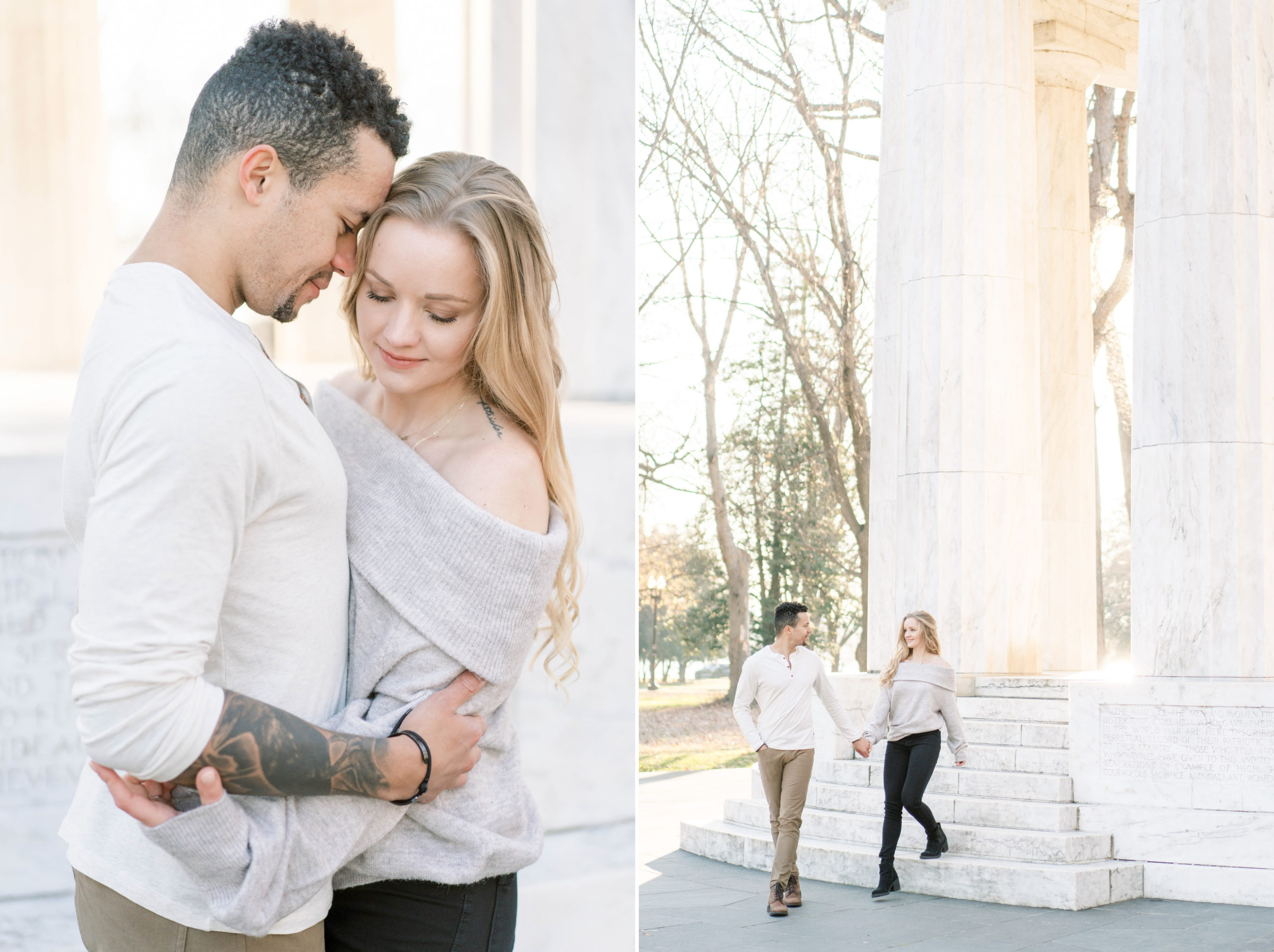 A winter engagement session in Washington, DC at the National Mall featuring iconic sites such as the Lincoln Memorial and Reflecting Pool.