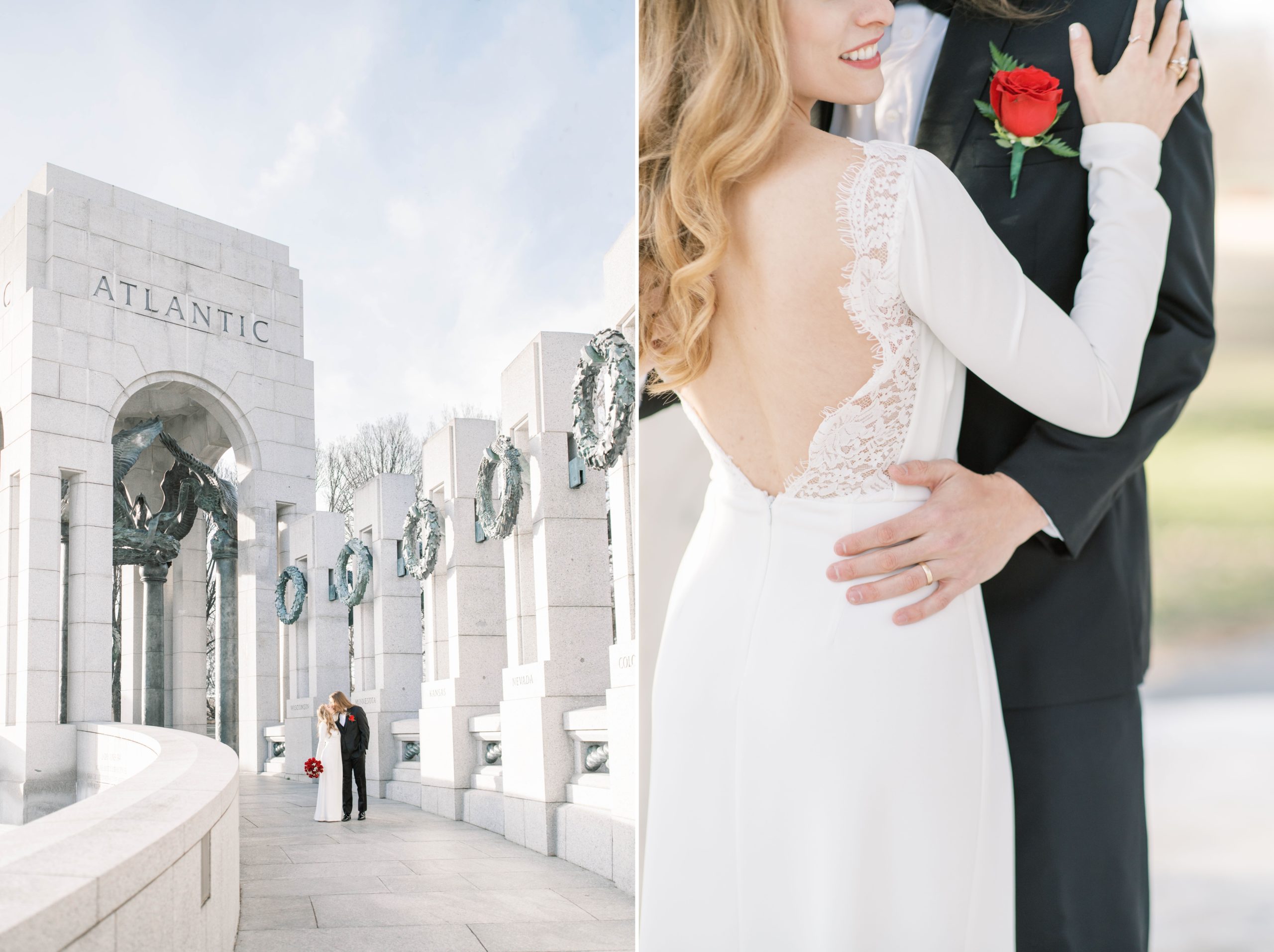 A romantic elopement at the DC War Memorial in Washington, DC on Valentine's Day.