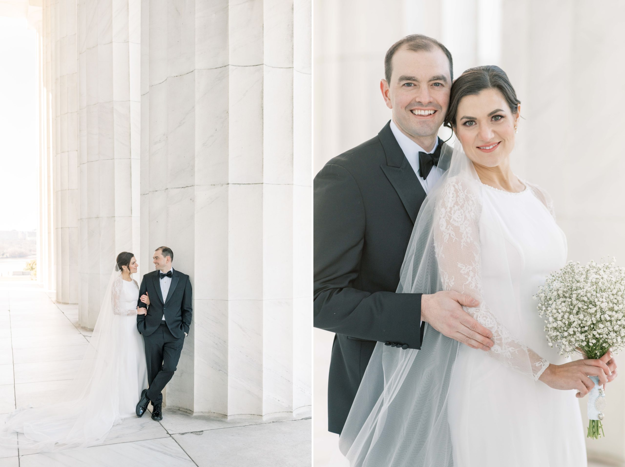 An intimate winter microwedding at St Dominic Church is Washington, DC followed by wedding portraits at the Lincoln Memorial.