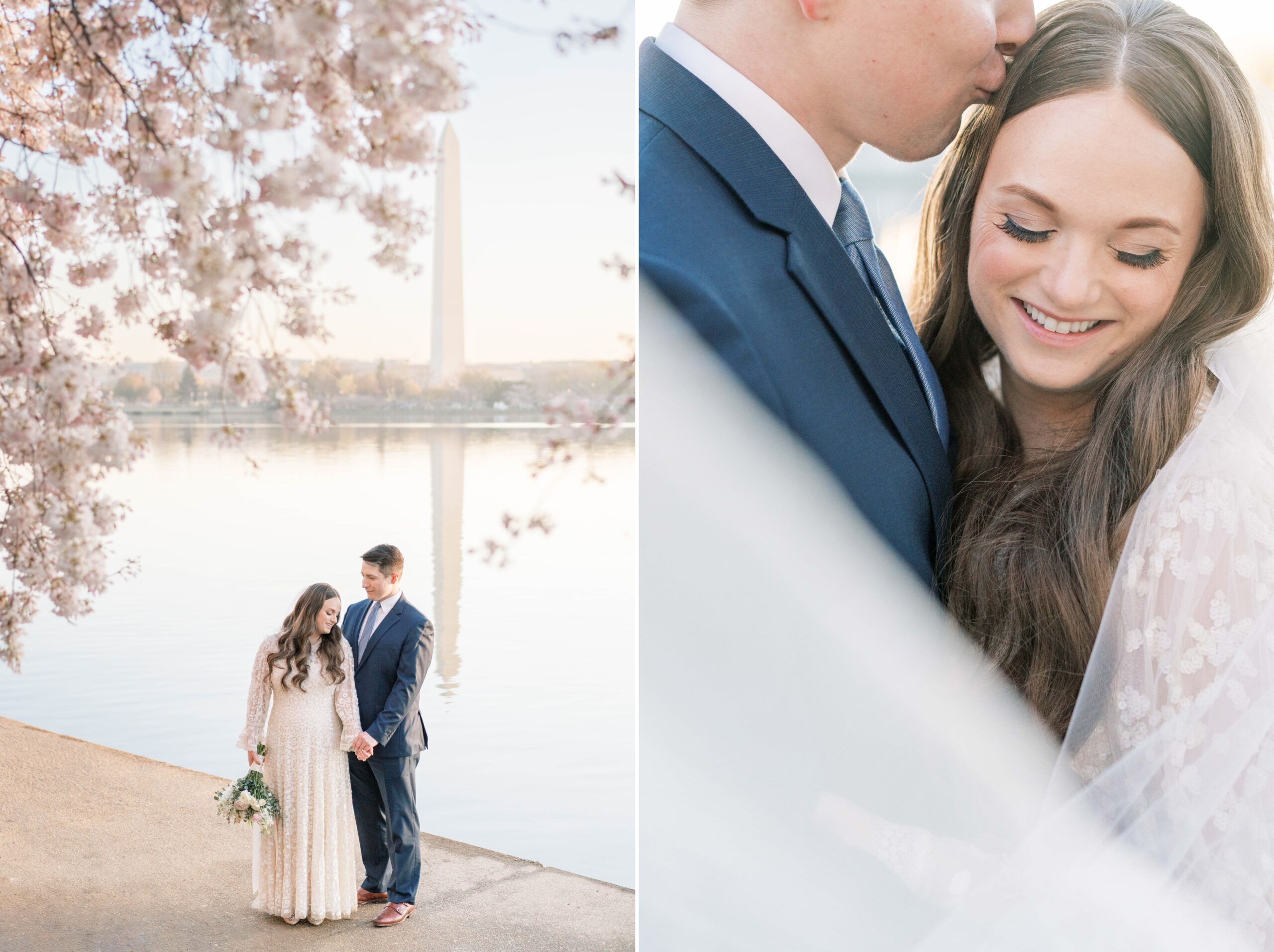 A stunning cherry blossom elopement with portraits at the Tidal Basin in Washington, DC during peak bloom. Ceremony at the DC War Memorial.