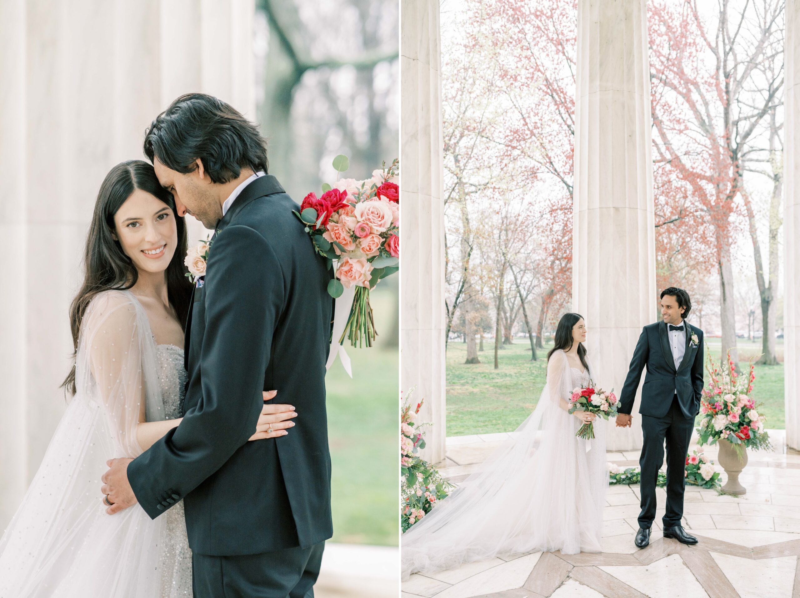 A stunning DC War Memorial wedding in Washington, DC followed by Cherry Blossom photos during peak bloom at the Tidal Basin!