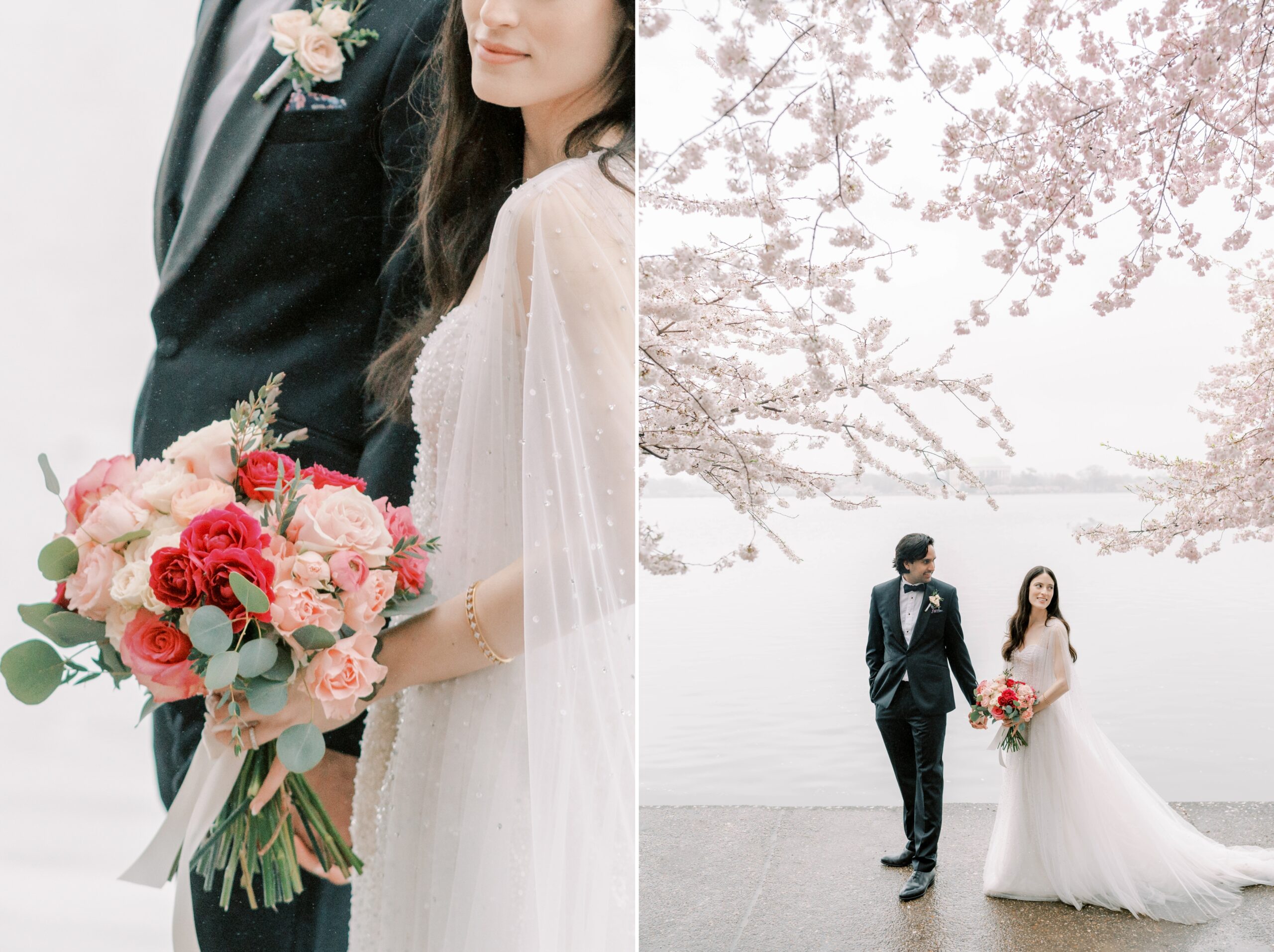 A stunning DC War Memorial wedding in Washington, DC followed by Cherry Blossom photos during peak bloom at the Tidal Basin!