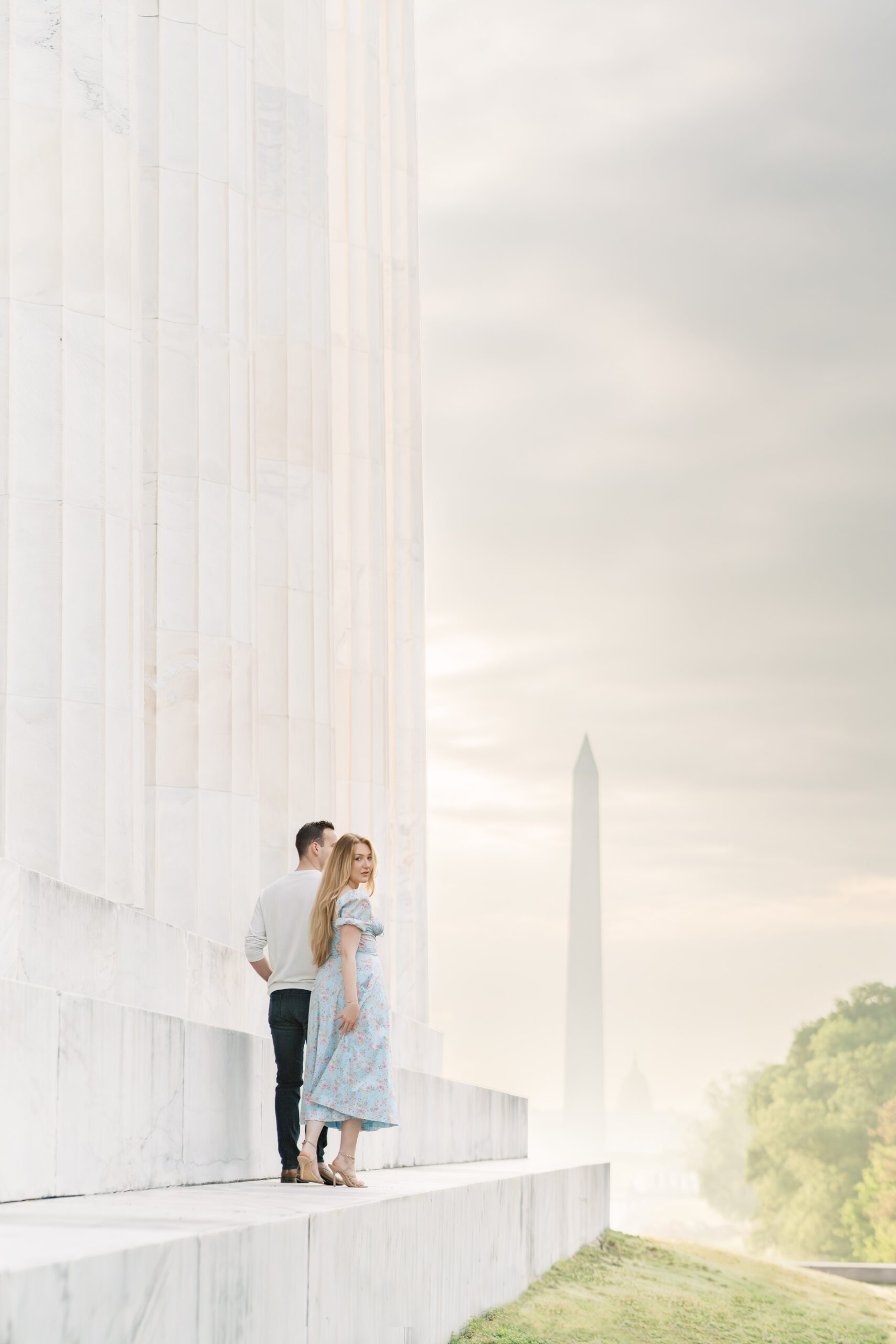 Reflecting Pool and Lincoln Memorial engagement photos at sunrise in Washington, DC.