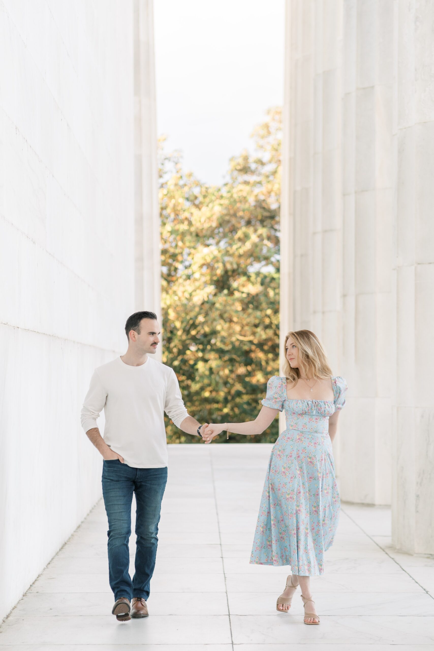 Reflecting Pool and Lincoln Memorial engagement photos at sunrise in Washington, DC.