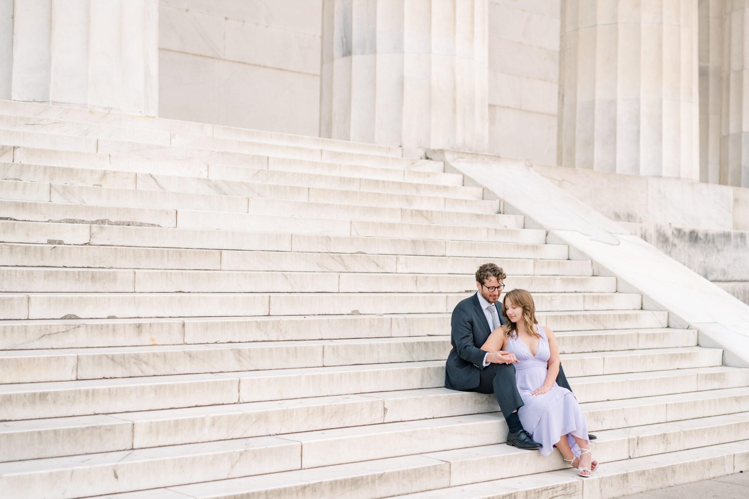 Hazy Lincoln Memorial engagement photos in Washington, DC.