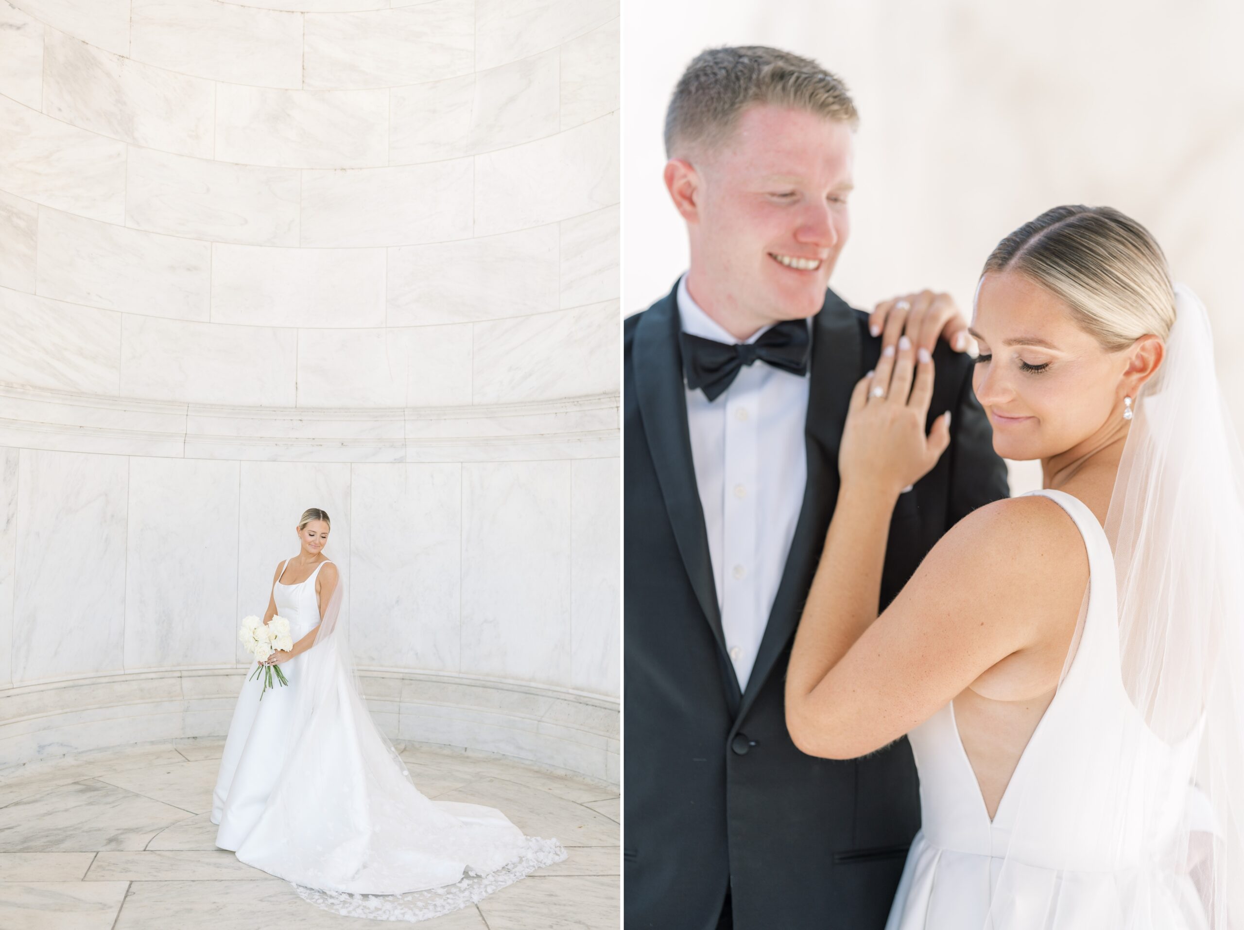 A chic black tie wedding at the downtown Conrad Hotel in Washington, DC. Portraits were captured at the iconic Jefferson Memorial.
