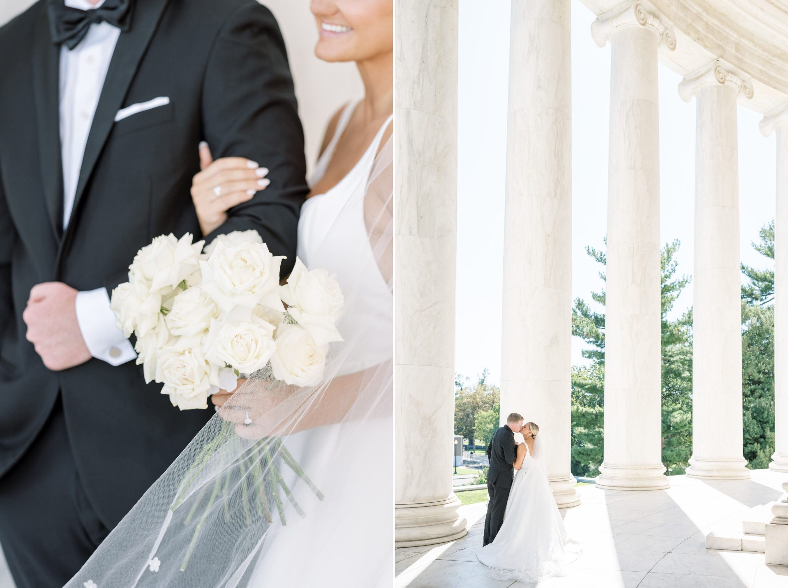 A chic black tie wedding at the downtown Conrad Hotel in Washington, DC. Portraits were captured at the iconic Jefferson Memorial.