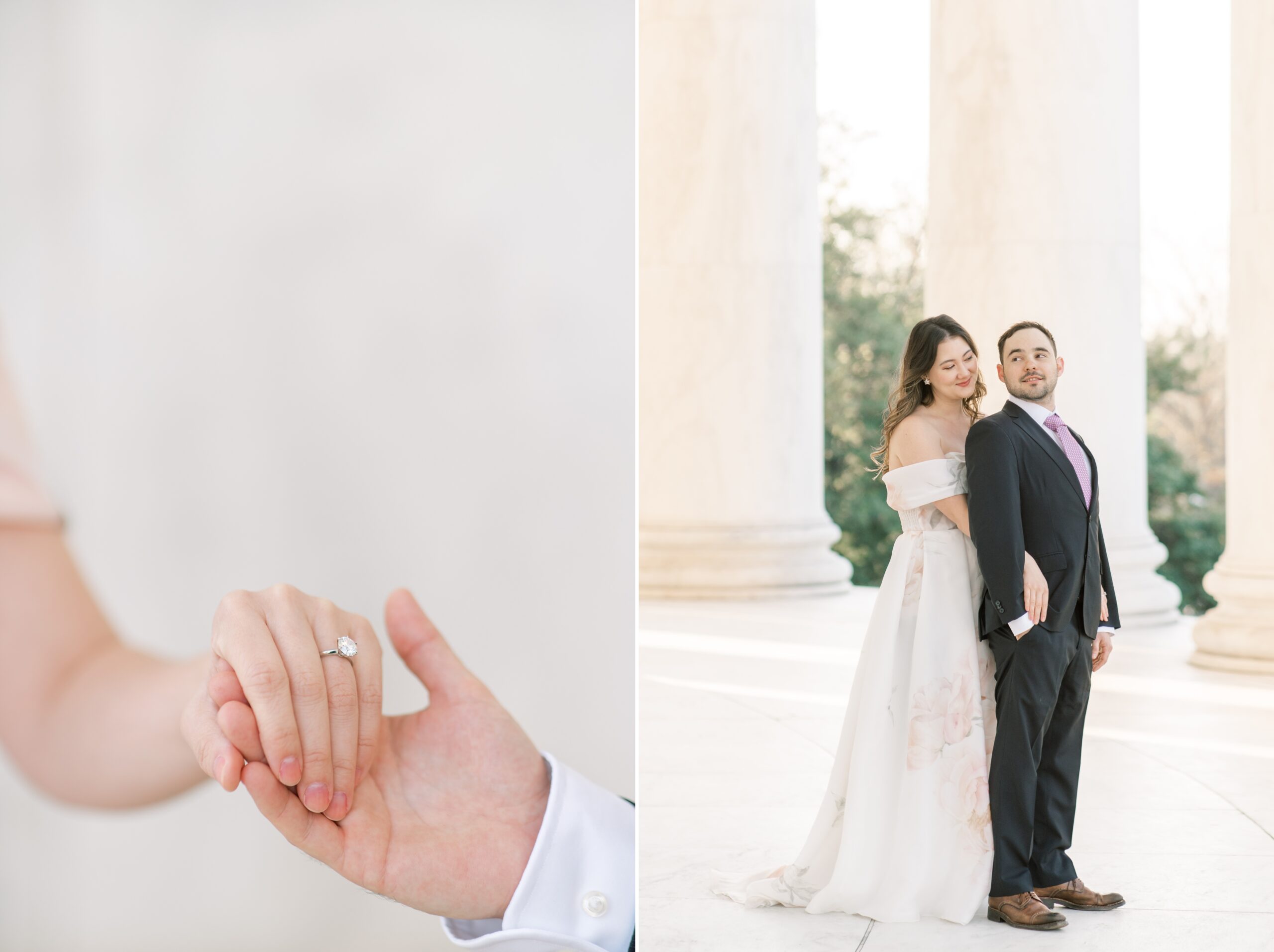 Spring engagement portraits at the Jefferson Memorial in Washington, DC. Includes a few photos amongst the iconic Cherry Blossoms!