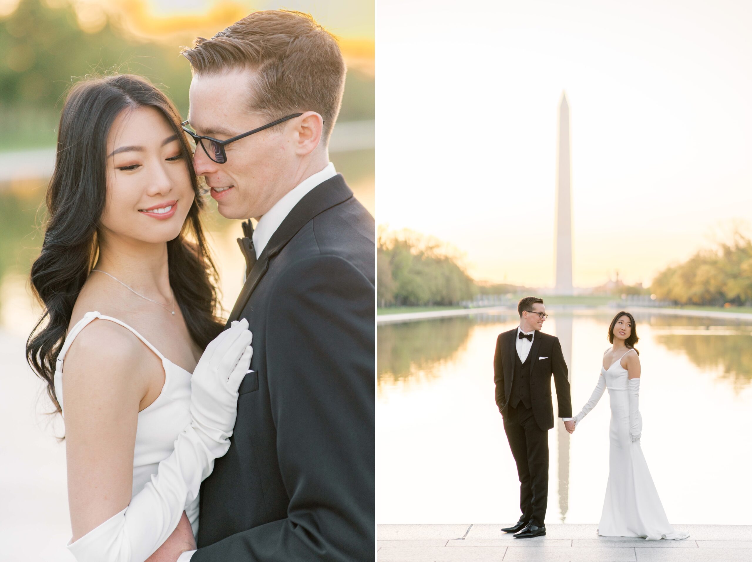 A beautiful sunrise elopement at the Reflecting Pool, Constitution Gardens, and DC War Memorial in Washington, DC.