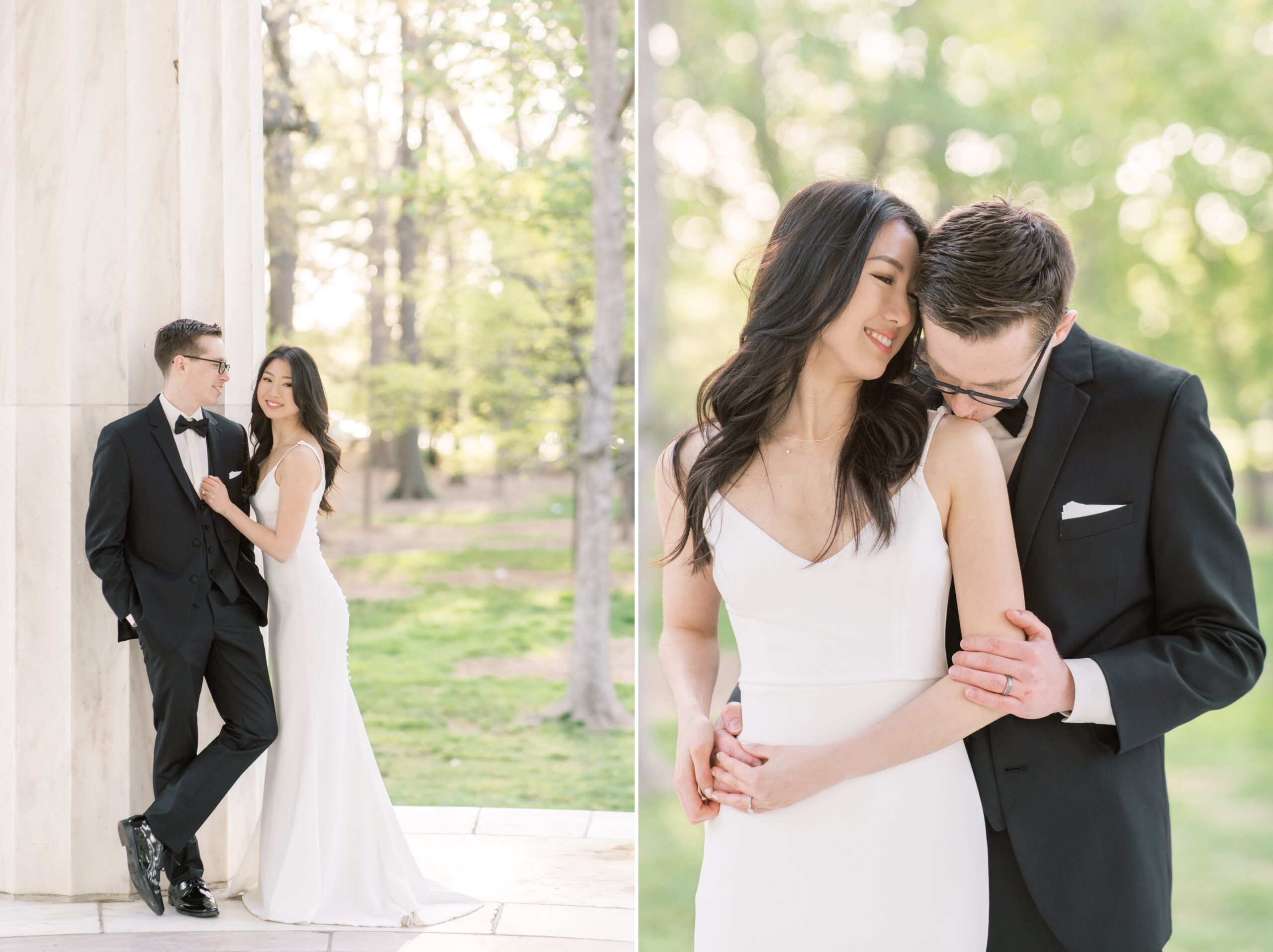 A beautiful sunrise elopement at the Reflecting Pool, Constitution Gardens, and DC War Memorial in Washington, DC.