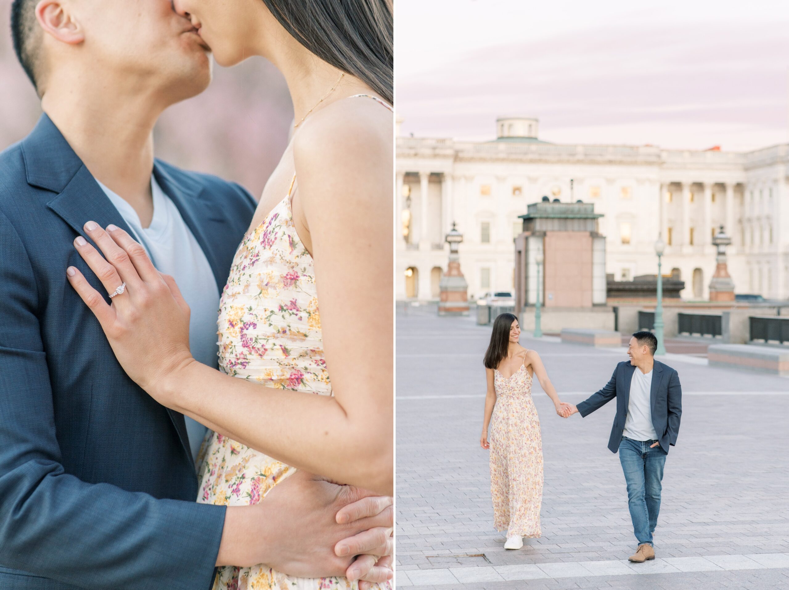 A springtime engagement session at sunrise in front of the US Capitol and Library of Congress in Washington, DC.