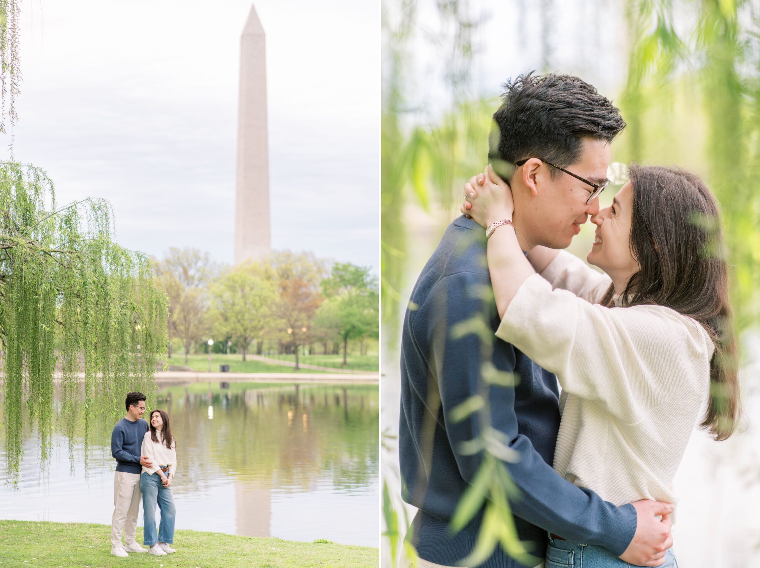 A sunrise engagement session at the National Mall in Washington, DC, featuring portraits at the Jefferson Memorial and Reflecting Pool.